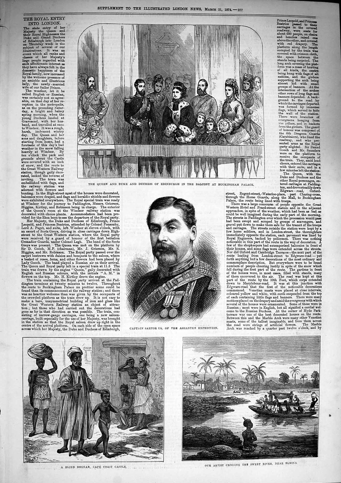 Original Old Antique Print 1874 Captain Sartor Buckingham Palace Africa Elmina