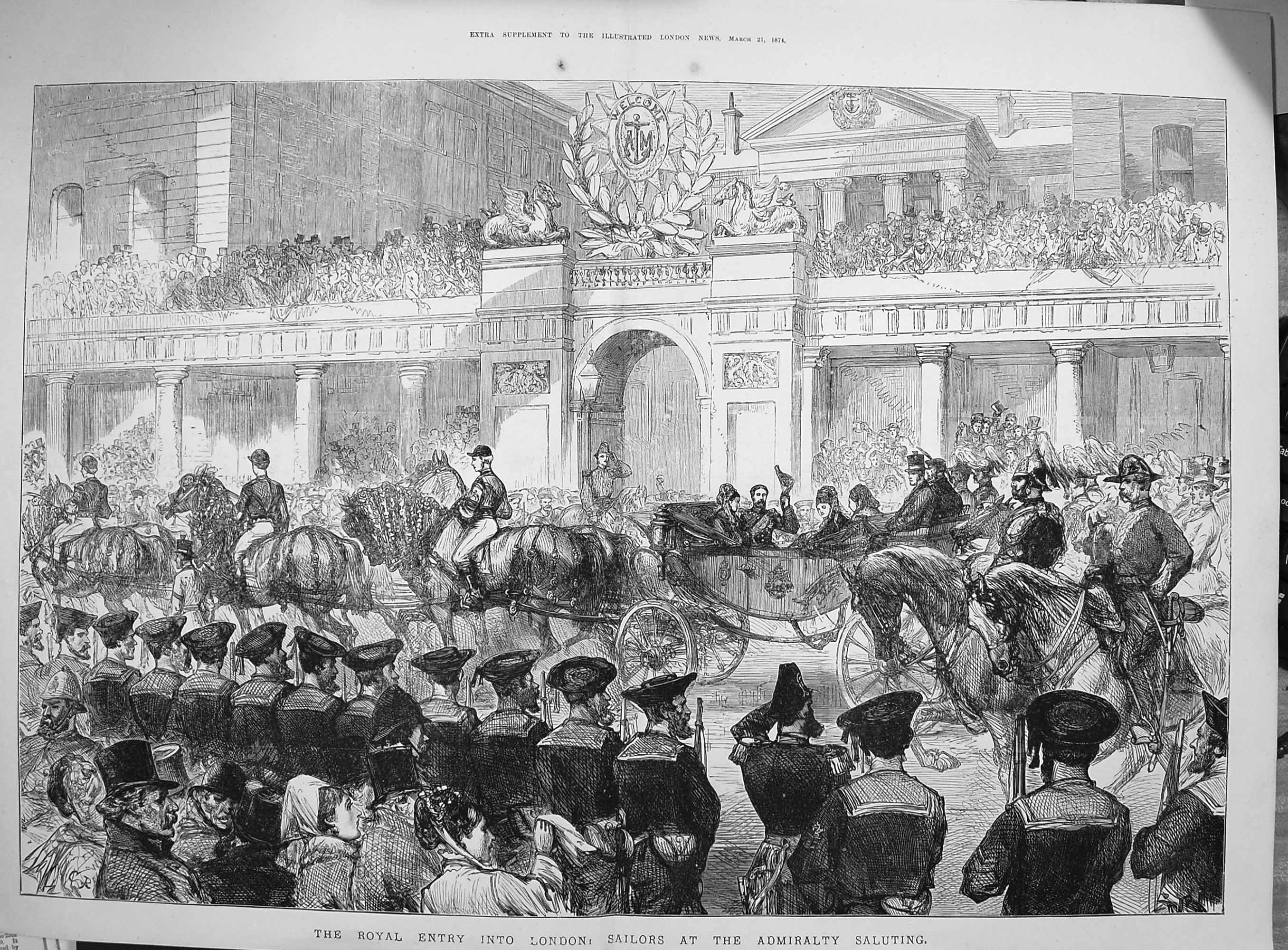 Antique Old Print *3253 1874 Royal Entry London Sailors Admiralty Saluting