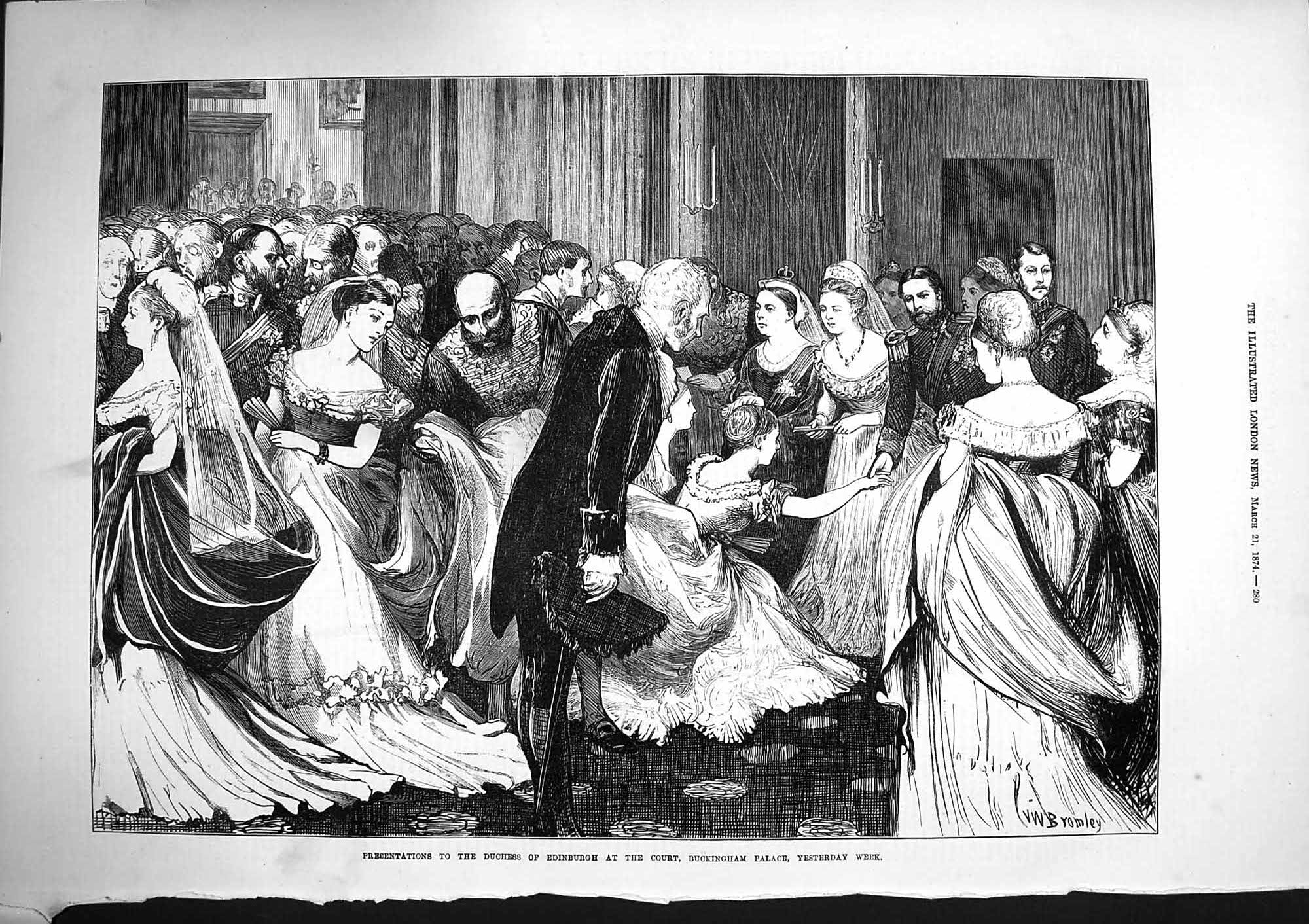 Original Old Antique Print 1874 Duchess Edinburgh Court Buckingham Palace 19th