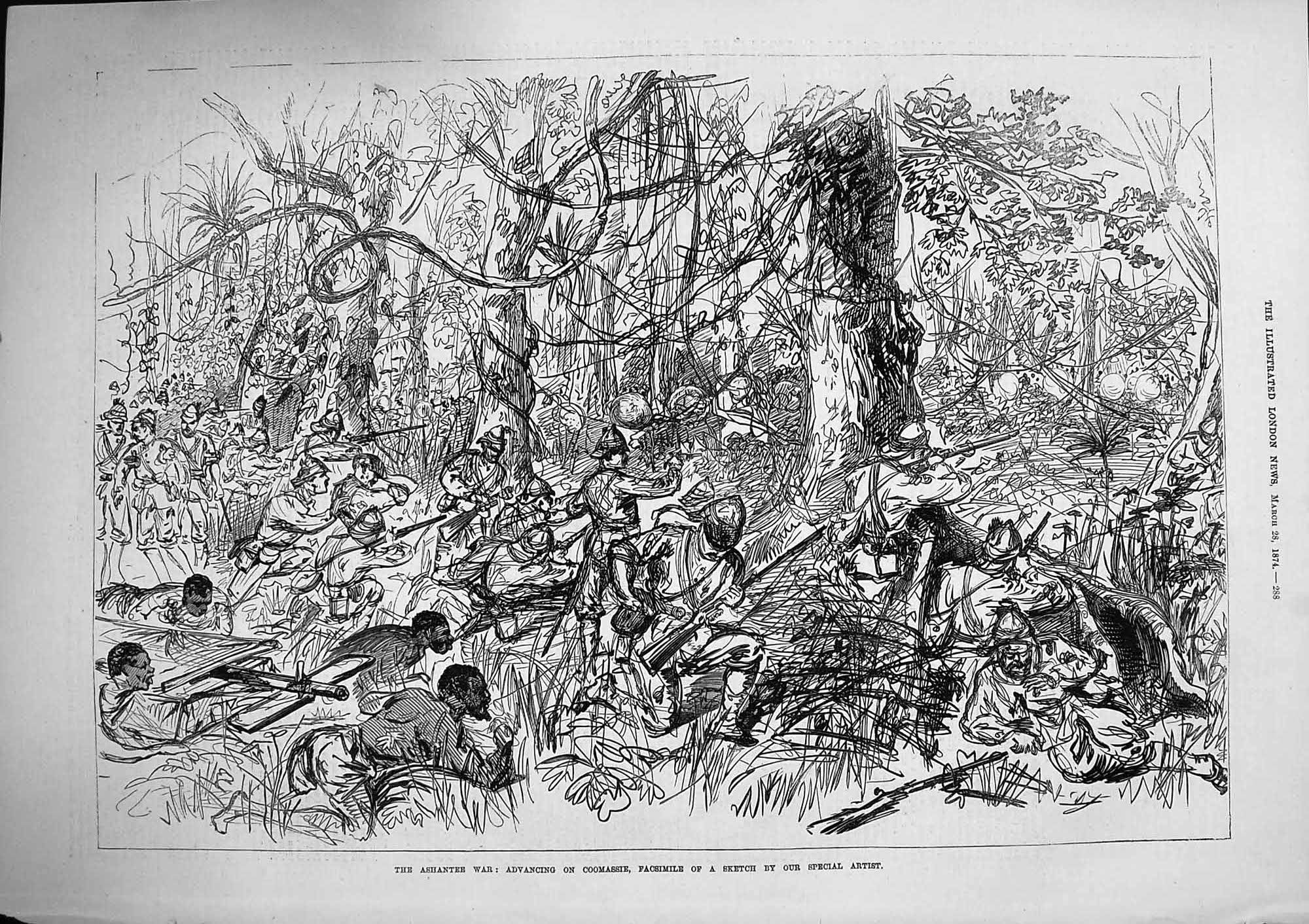 Original Old Antique Print 1874 Ashantee War Coomassie Siers Wounded River 19th