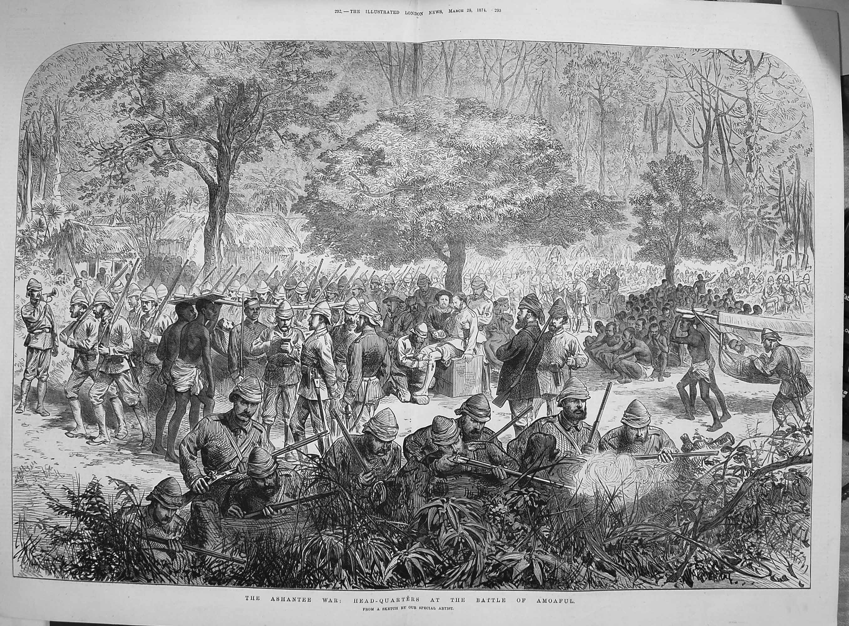 Original Old Antique Print 1874 Ashantee War Head-Quarters Battle Amoaful Army