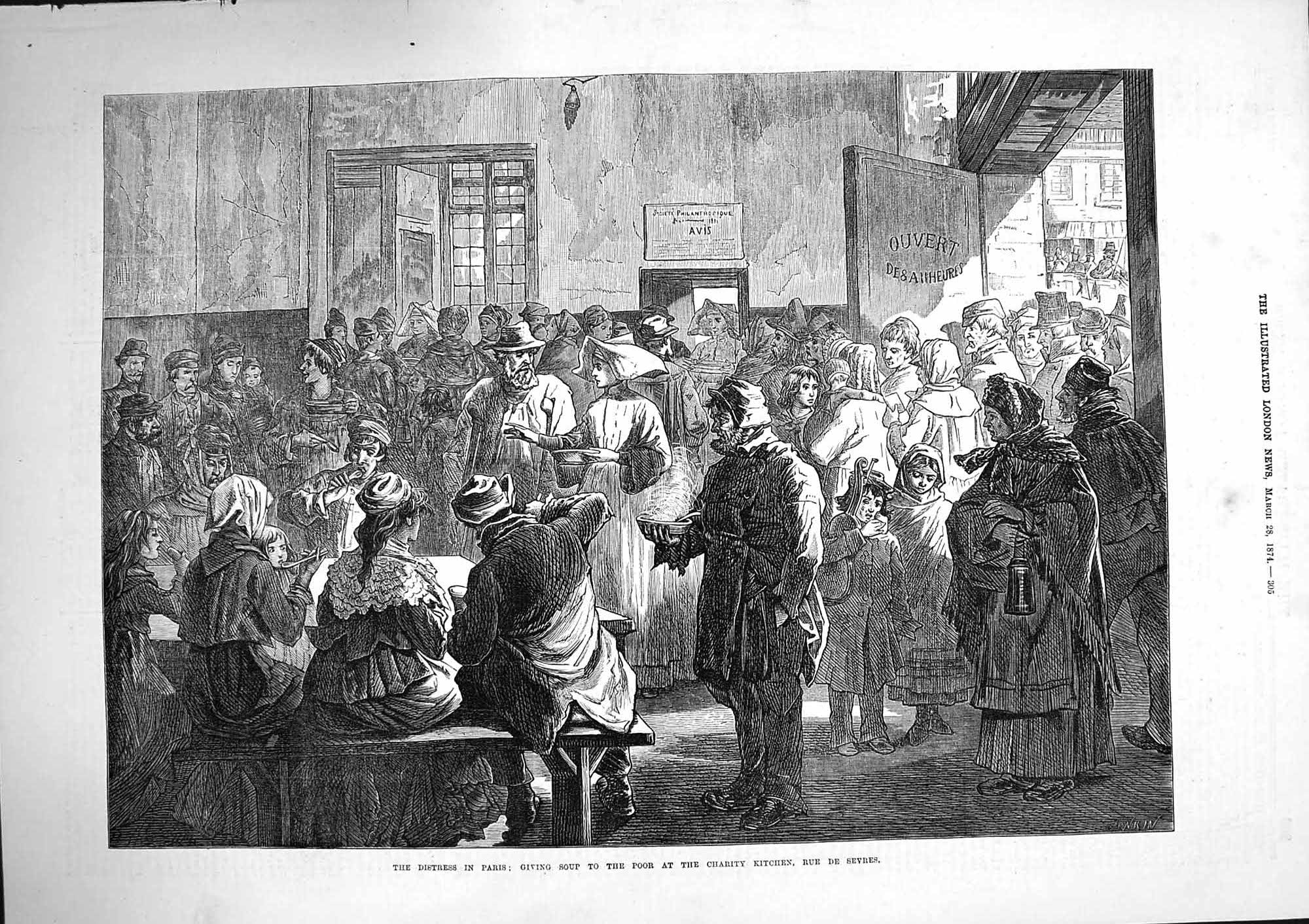 Old Antique Print 1874 Distress Paris Soup Charity Kitchen Rue De Sevres 19th