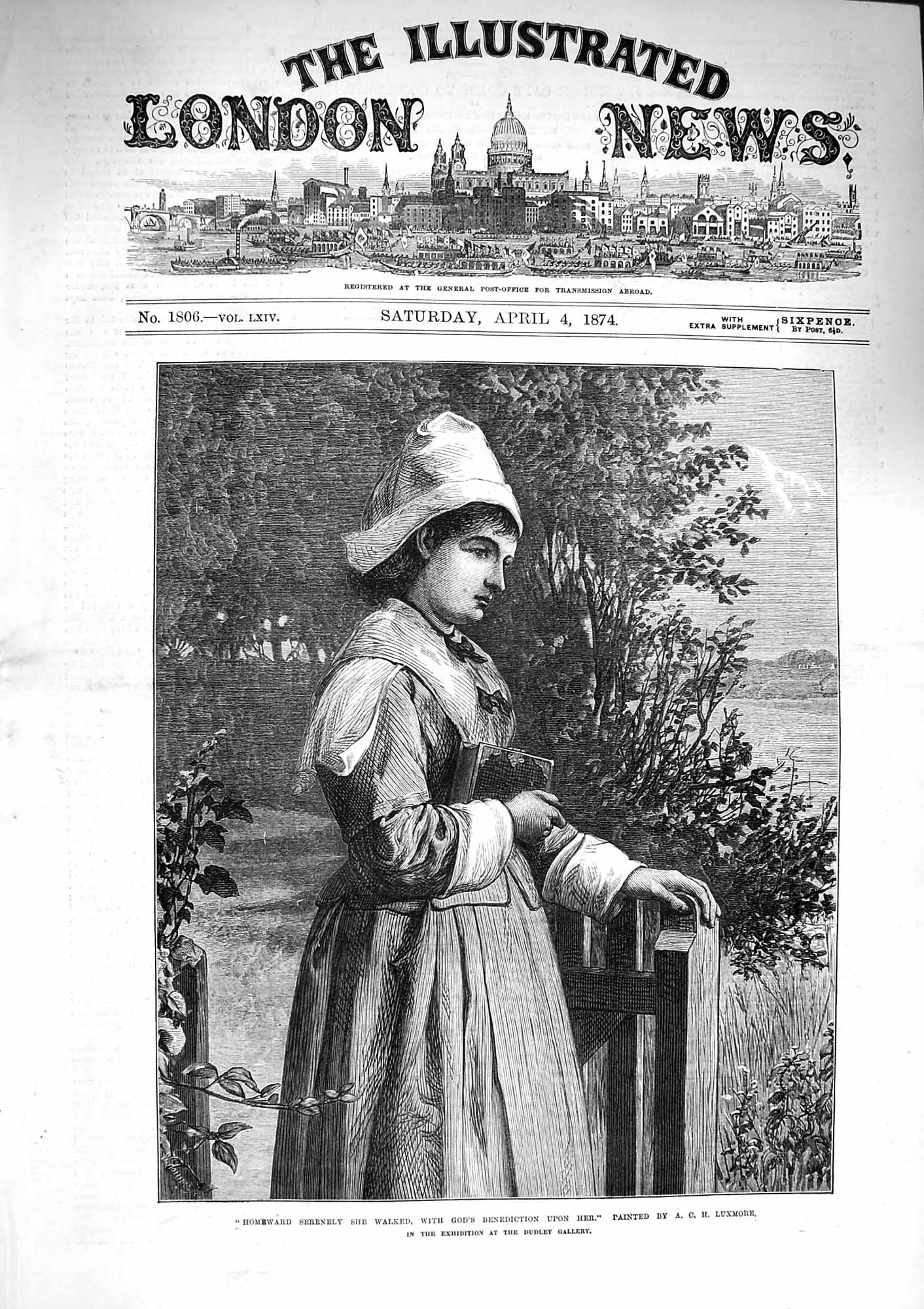 Original Old Antique Print 1874 Girl Walking Home Church God'S Benediction 19th