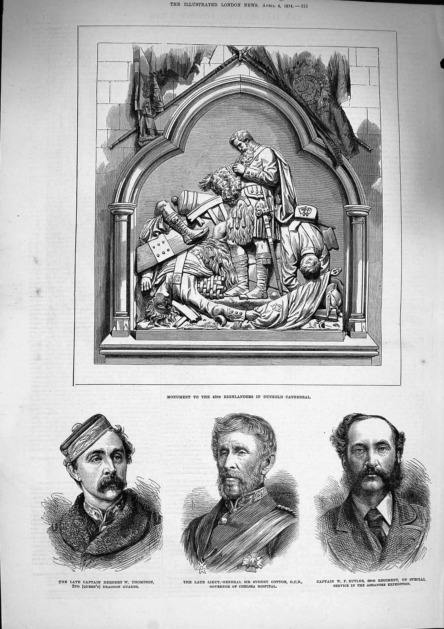 Original Old Antique Print 1874 Monument Highlanders Dunkeld Thompson Cotton