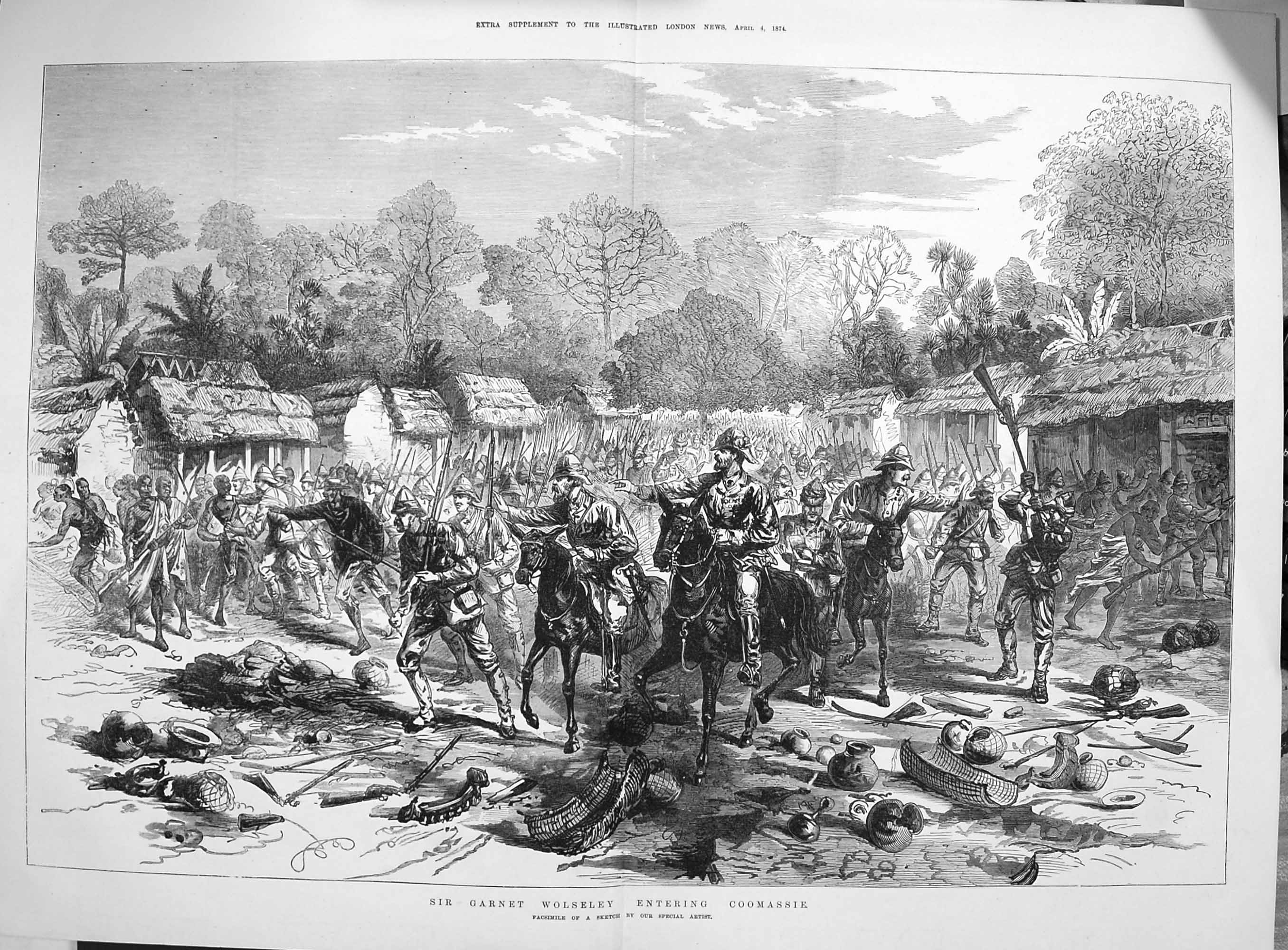 Original Old Antique Print 1874 Garnet Wolseley Entering Coomassie Africa Army