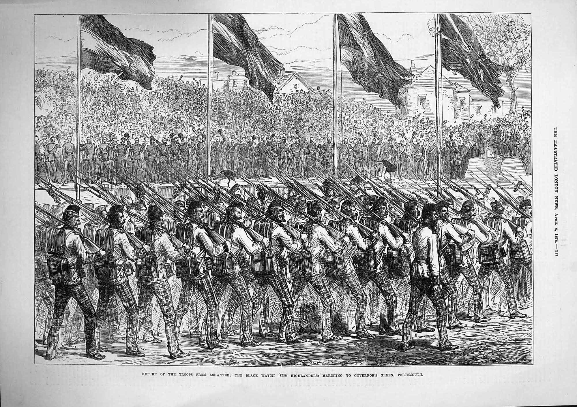 Original Old Antique Print 1874 Siers Ashantee War Black Watch 42Nd Highlanders