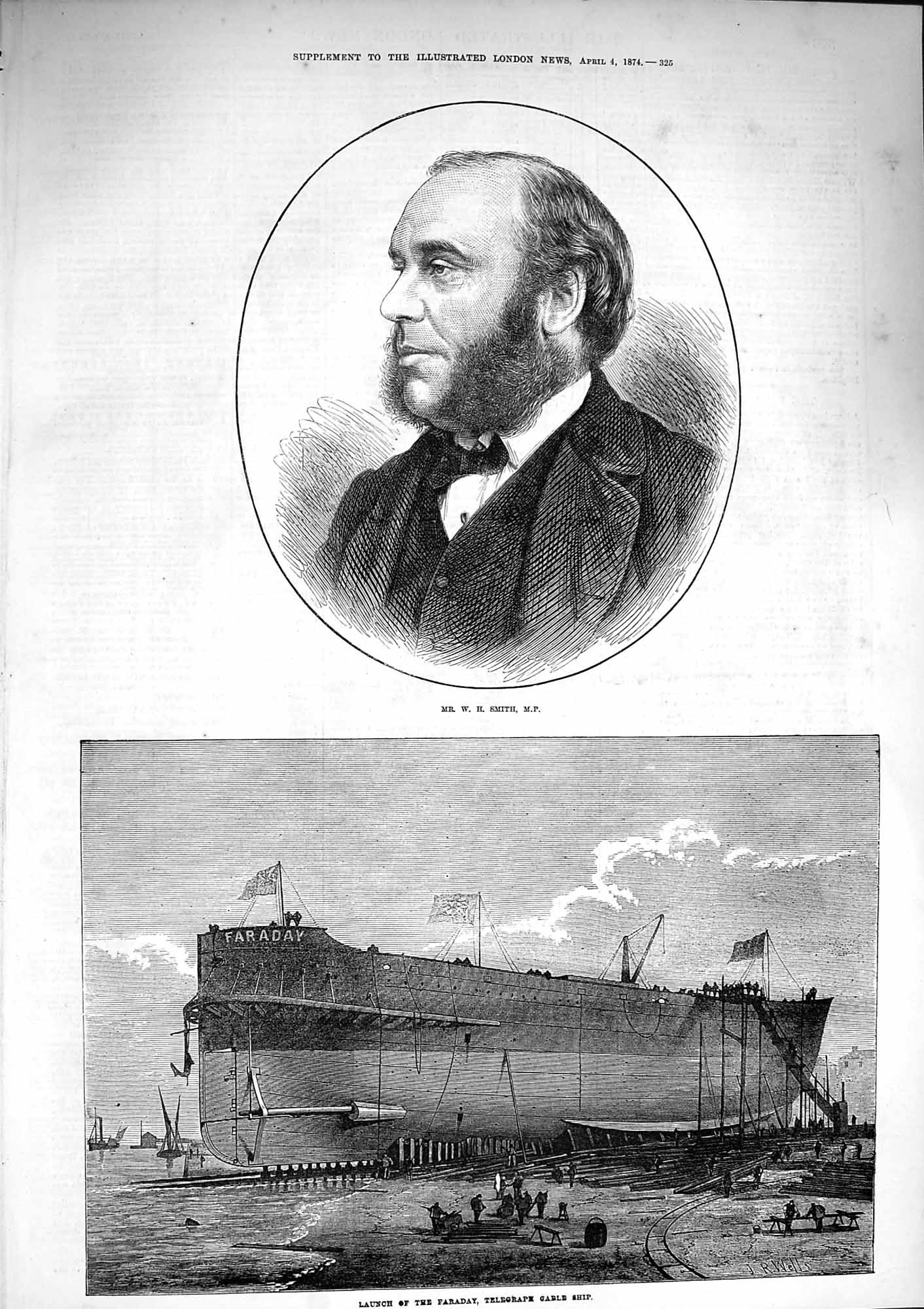 Original Old Antique Print 1874 Portrait Smith Launch Faraday Telegraph Cab 19th