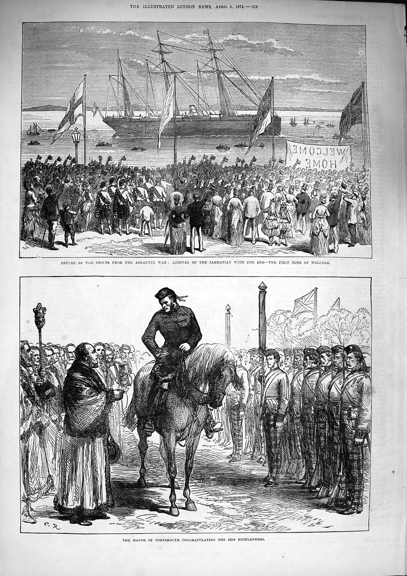 Old Antique Print 1874 Ashantee War Sarmatian Ship Mayor Portsmouth Army 19th