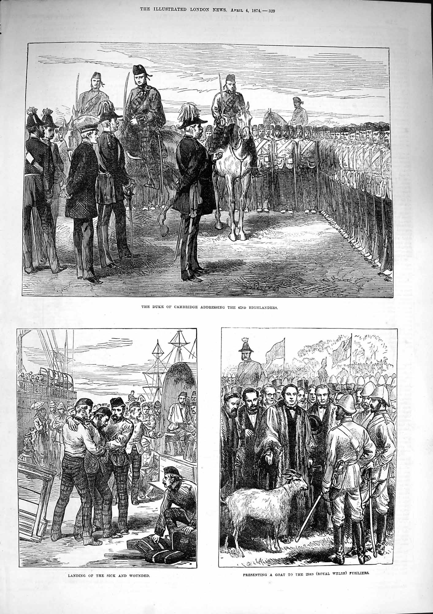 Old Antique Print 1874 Duke Cambridge 42Nd Highlanders Goat Fusiliers War 19th