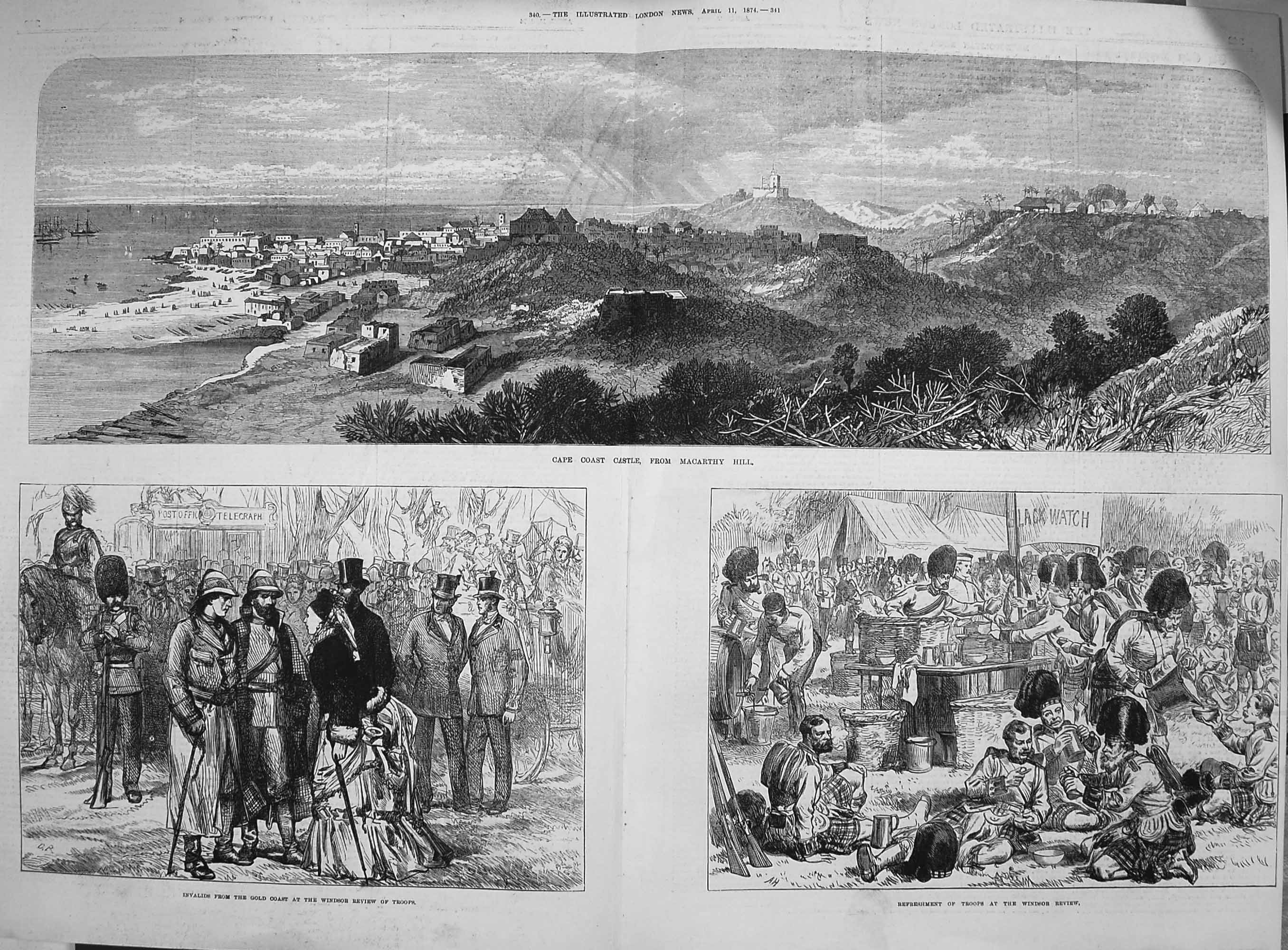Original Old Antique Print 1874 Cape Coast Castle Macarthy Hill Windsor Troops