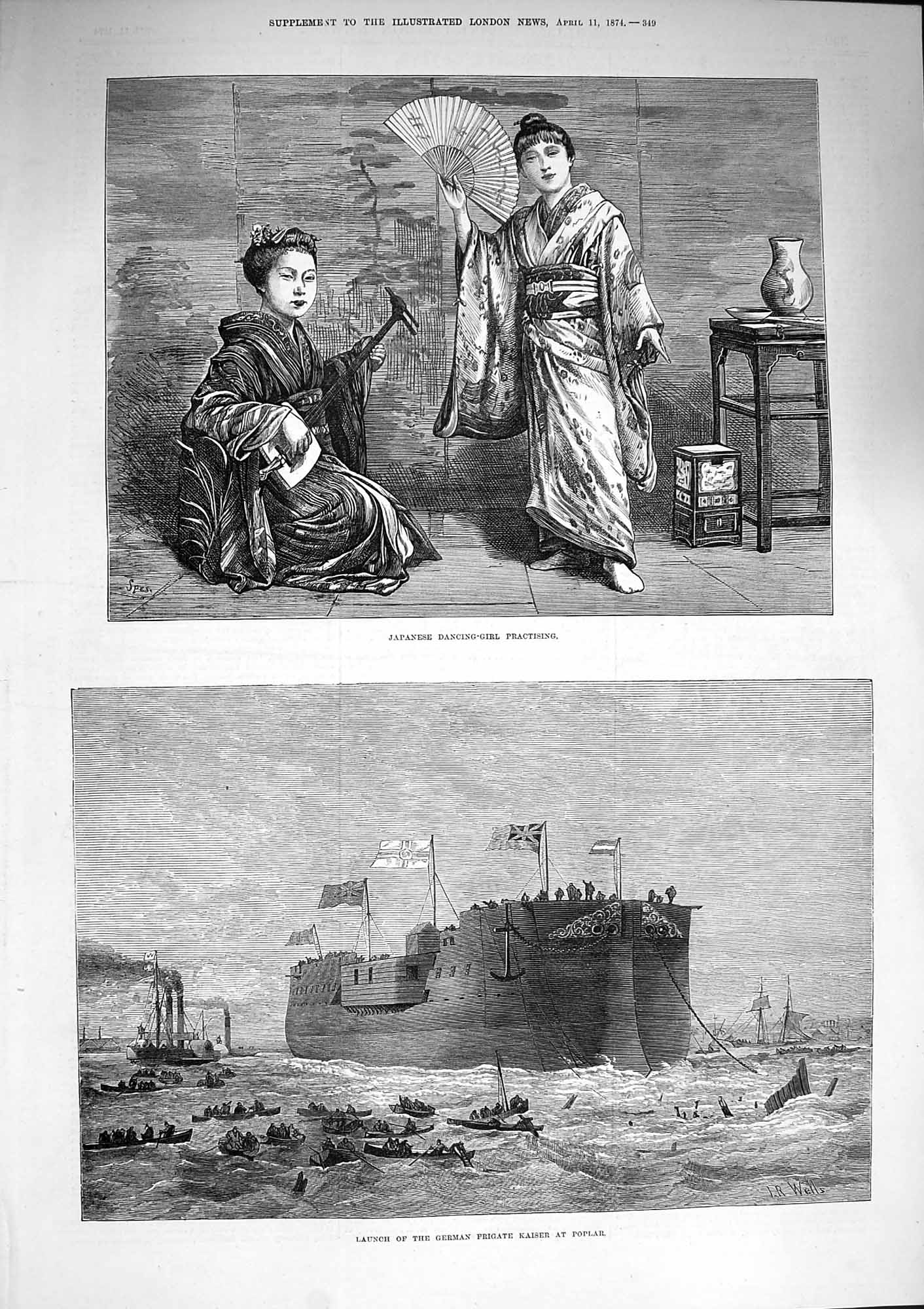 Old Antique Print 1874 Japanese Dancing Girl Ship German Frigate Kaiser 19th