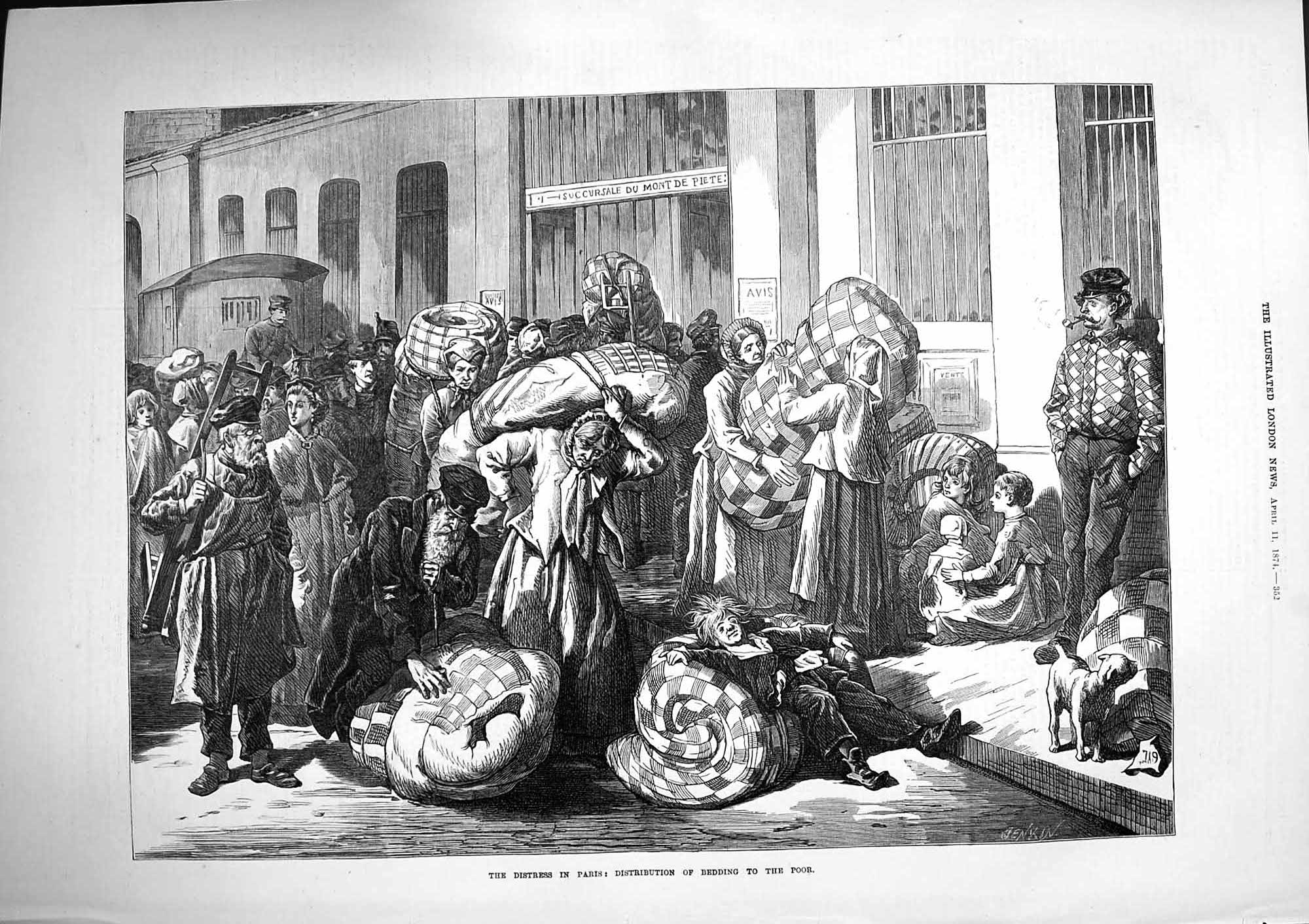 Original Old Antique Print 1874 Distress Paris Distribution Bedding Poor People