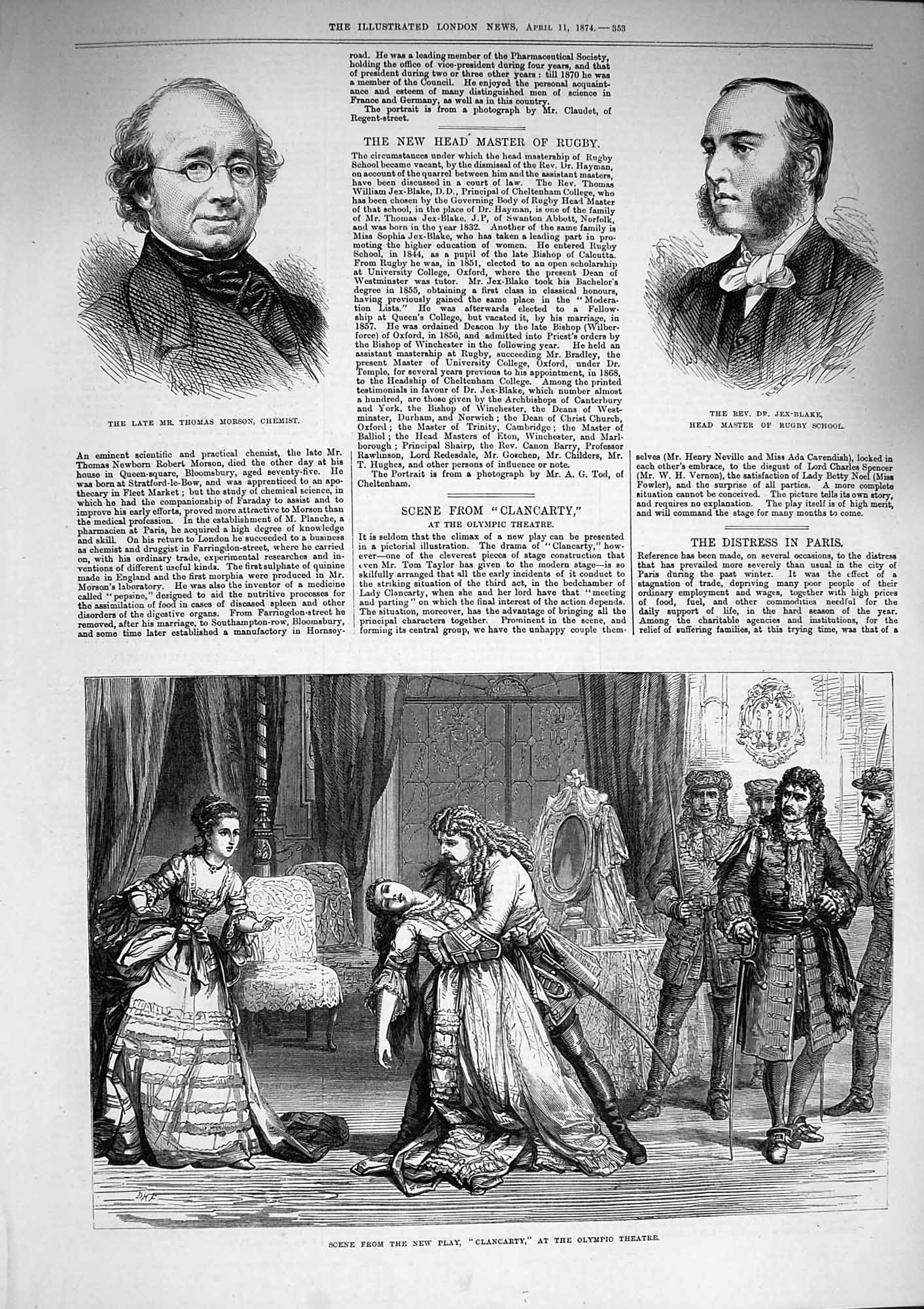 Old Antique Print 1874 Thomas Morson Jex-Blake Olympic Theatre Clancarty 19th