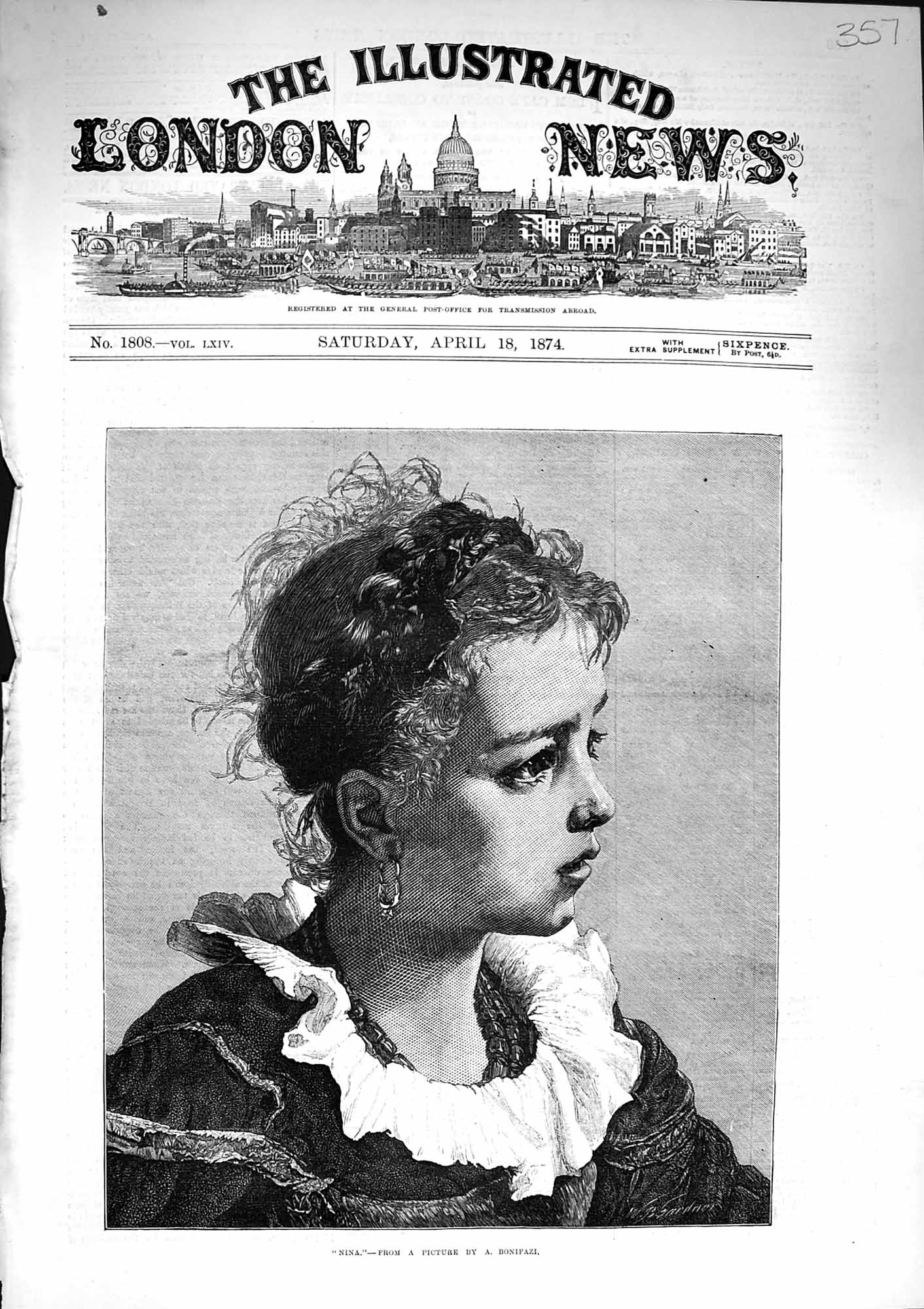 Original Old Antique Print 1874 Portrait Beautiful Young Girl Nina Victorian