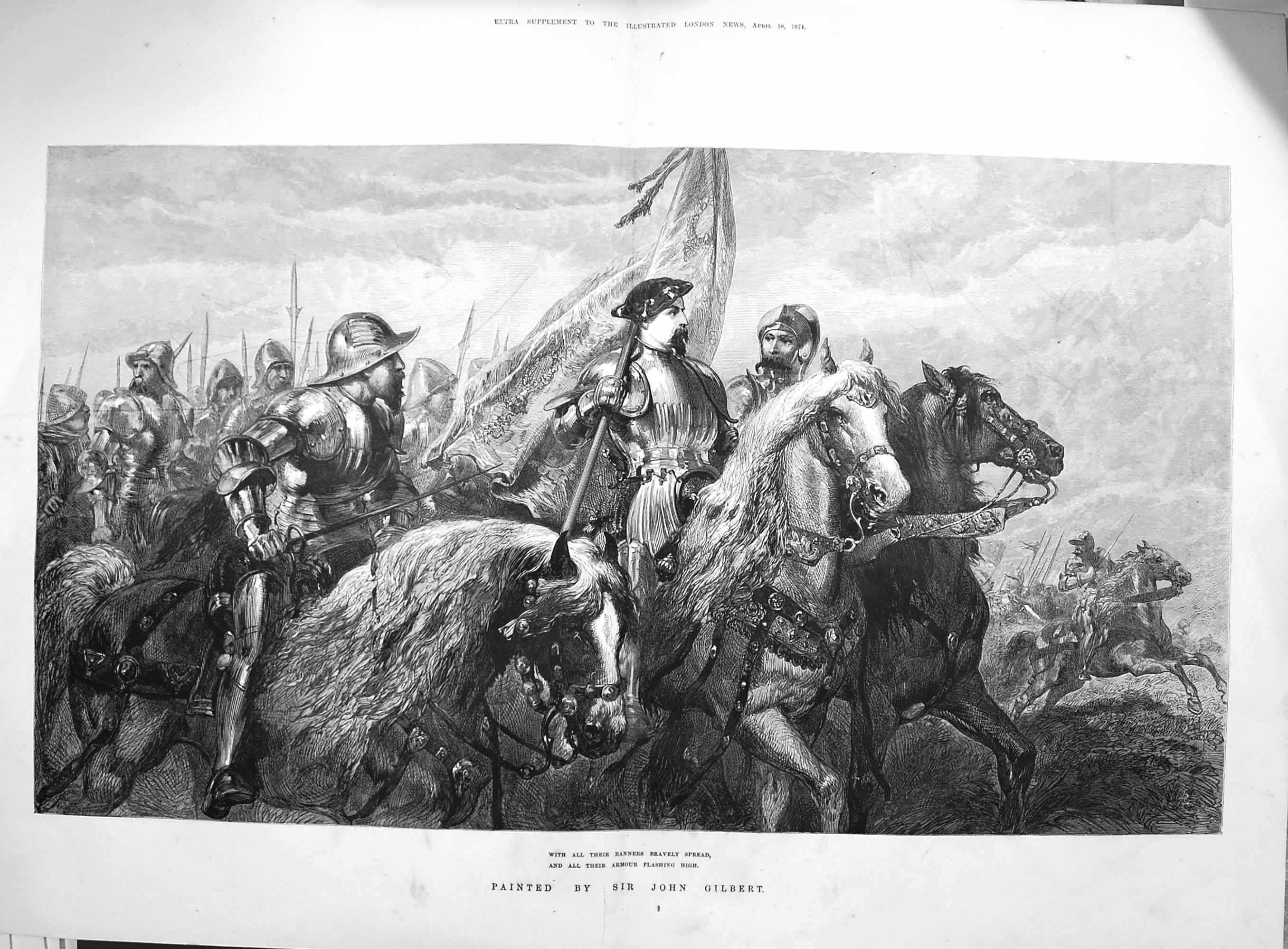Original Old Antique Print 1874 John Gilbert Horses Knight Armour Fine Art