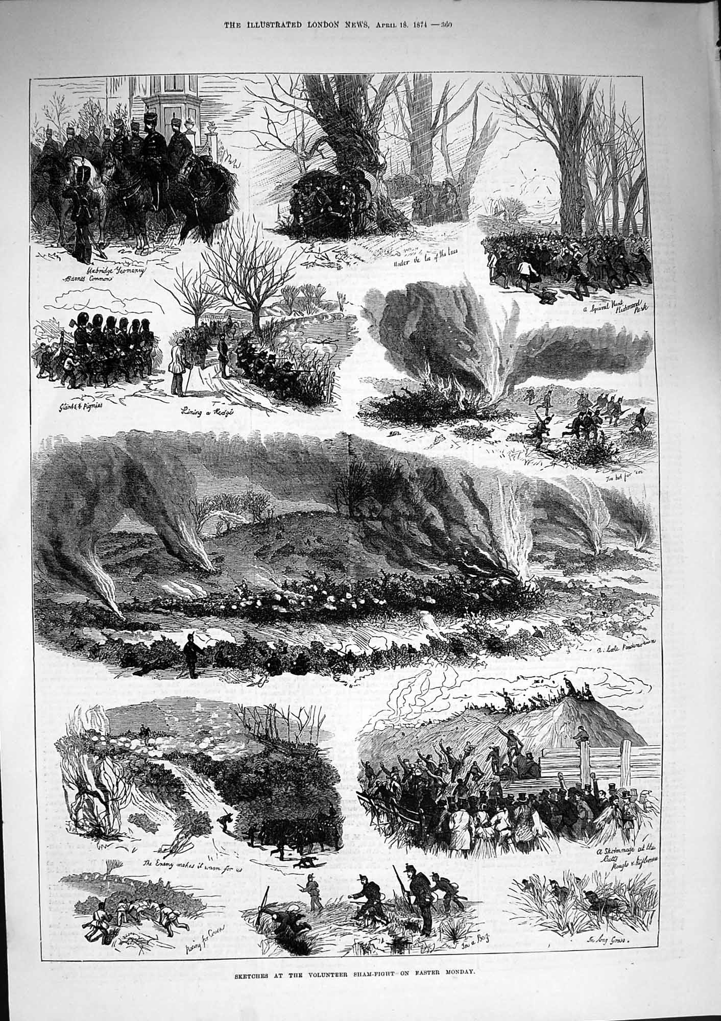 Original Old Antique Print 1874 Volunteer Sham-Fight Siers Easter Monday 19th