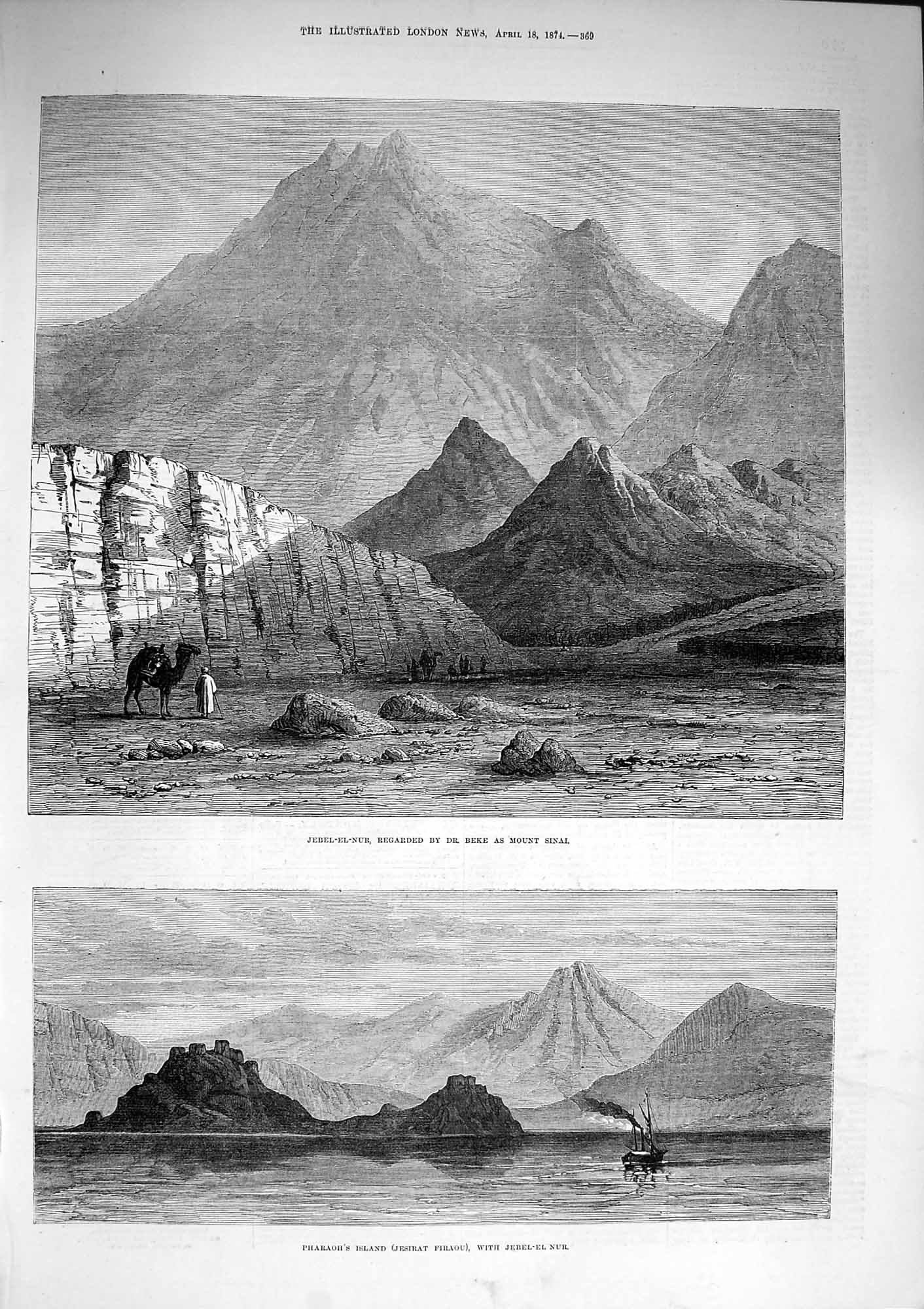 Original Old Antique Print 1874 Jebel-El-Nur Beke Mount Sinai Pharaoh Island