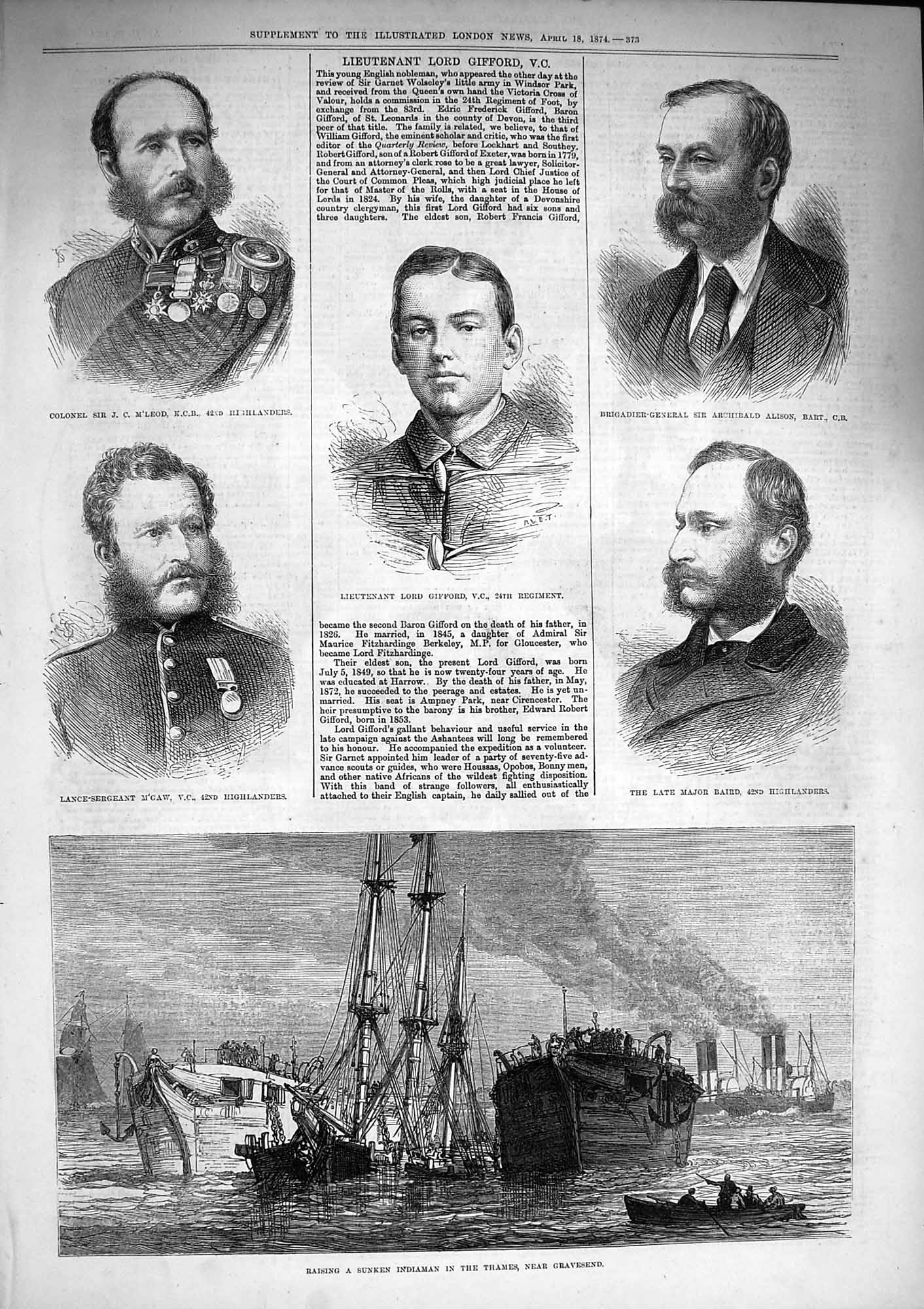 Original Old Antique Print 1874 Ship Wreck Indiaman Gifford Baird M'Gaw M'Leod