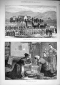 Old Antique Print 1874 Funeral King Sandwich Women Grinding Corn Ireland 19th