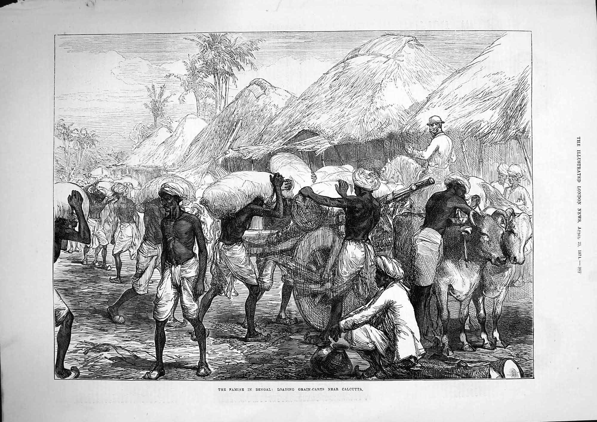 Old Antique Print 1874 Famine Bengal Loading Grain Carts Calcutta Native 19th