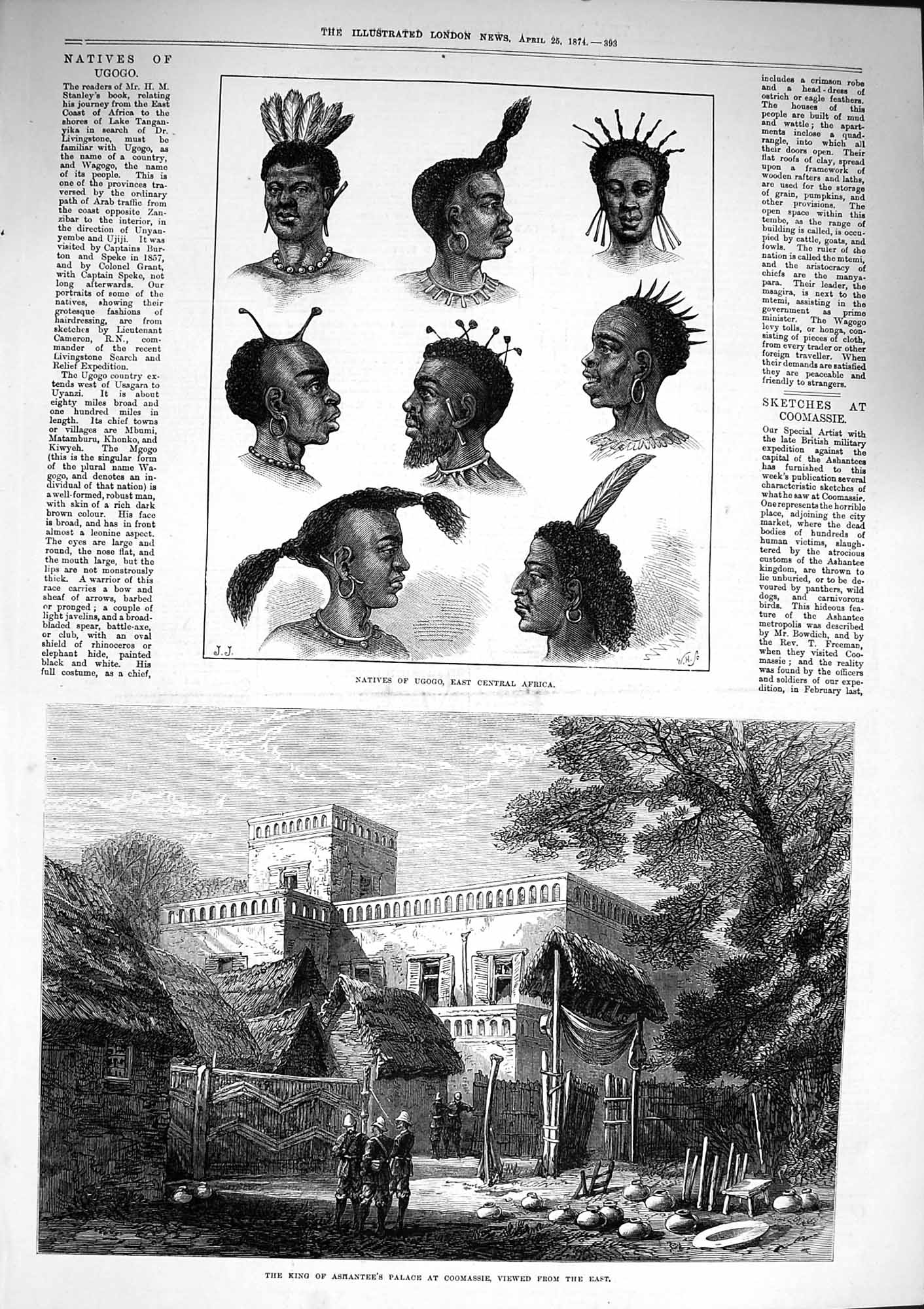 Original Old Antique Print 1874 Natives Ugogo Africa Ashantee Palace Coomassie