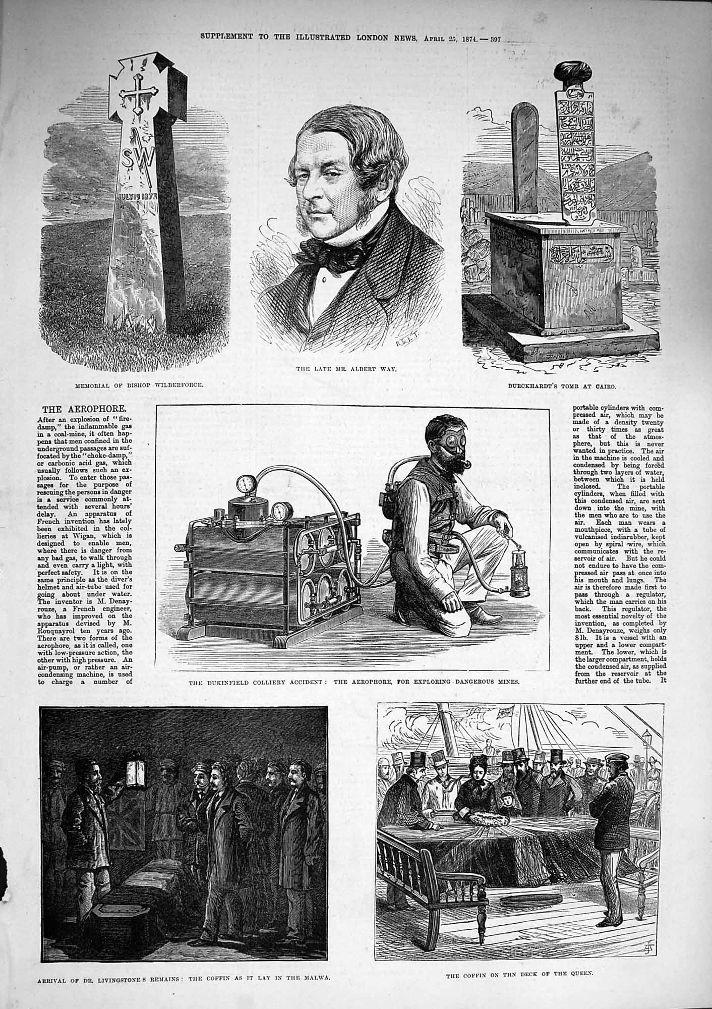 Old Antique Print 1874 Albert Way Aerophore Dunkinfield Livingstone Body 19th