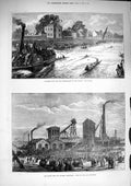 Old Antique Print 1874 Scullers Boat Race Thames Astley Pit Mine Colliery 19th