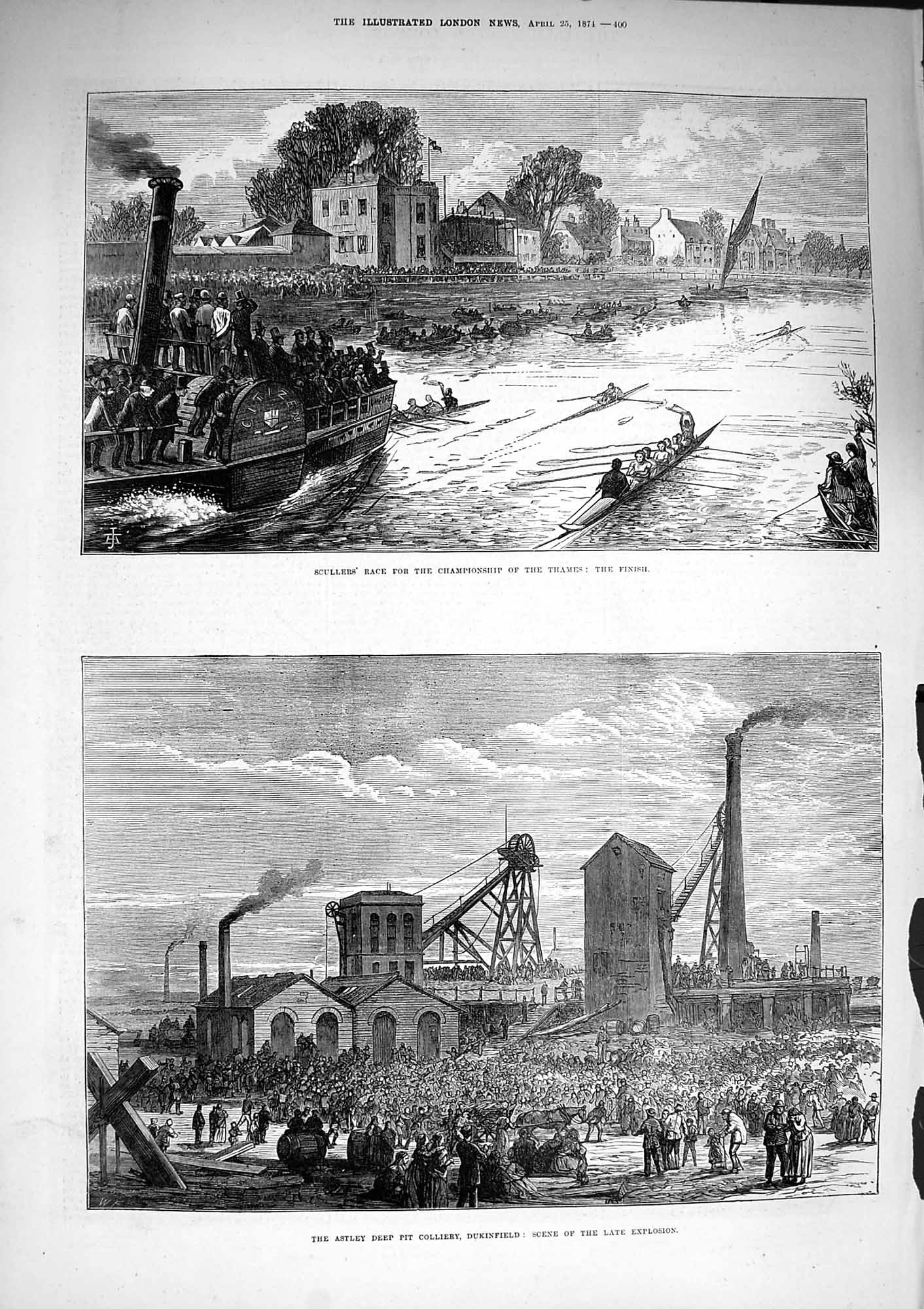 Old Antique Print 1874 Scullers Boat Race Thames Astley Pit Mine Colliery 19th