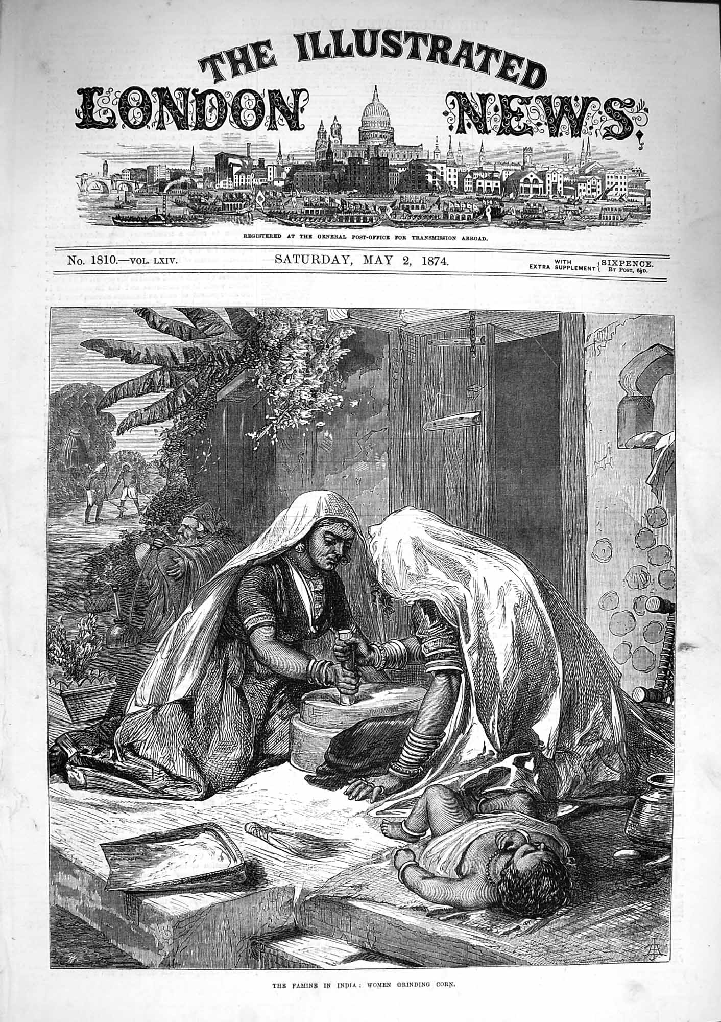 Original Old Antique Print 1874 Famine India Women Grinding Corn Baby Sleeping