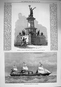 Original Old Antique Print 1874 Monument Bilbao Spanish War Ship City Richmond