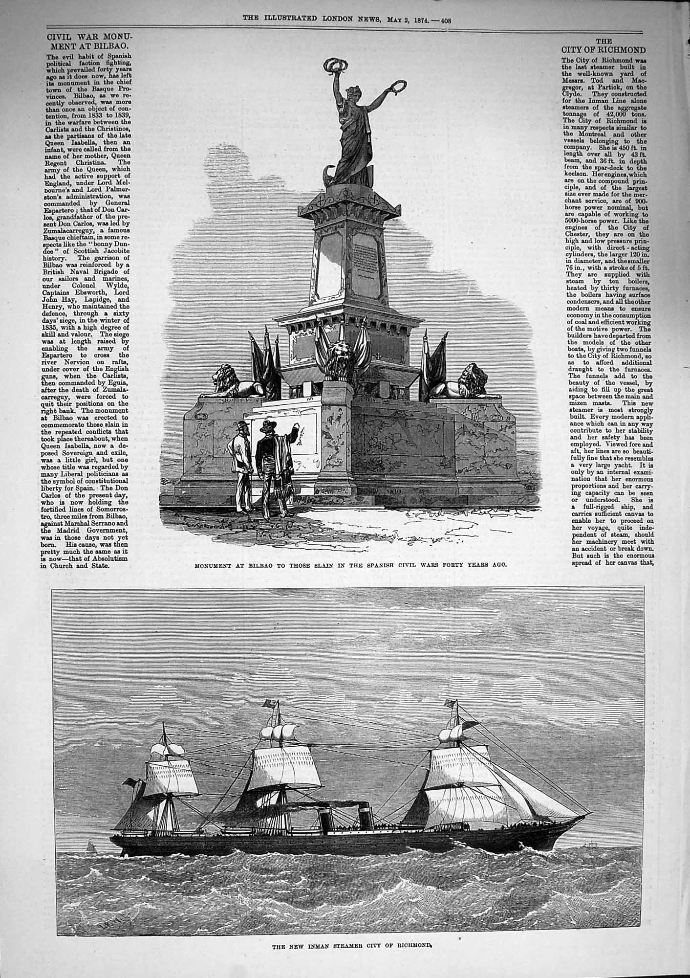 Original Old Antique Print 1874 Monument Bilbao Spanish War Ship City Richmond