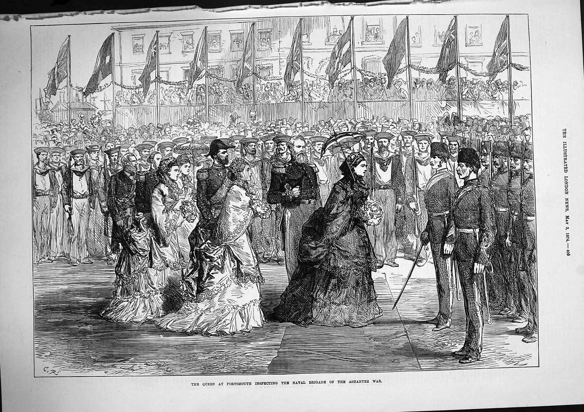 Original Old Antique Print 1874 Queen Portsmouth Naval Brigade Ashantee War