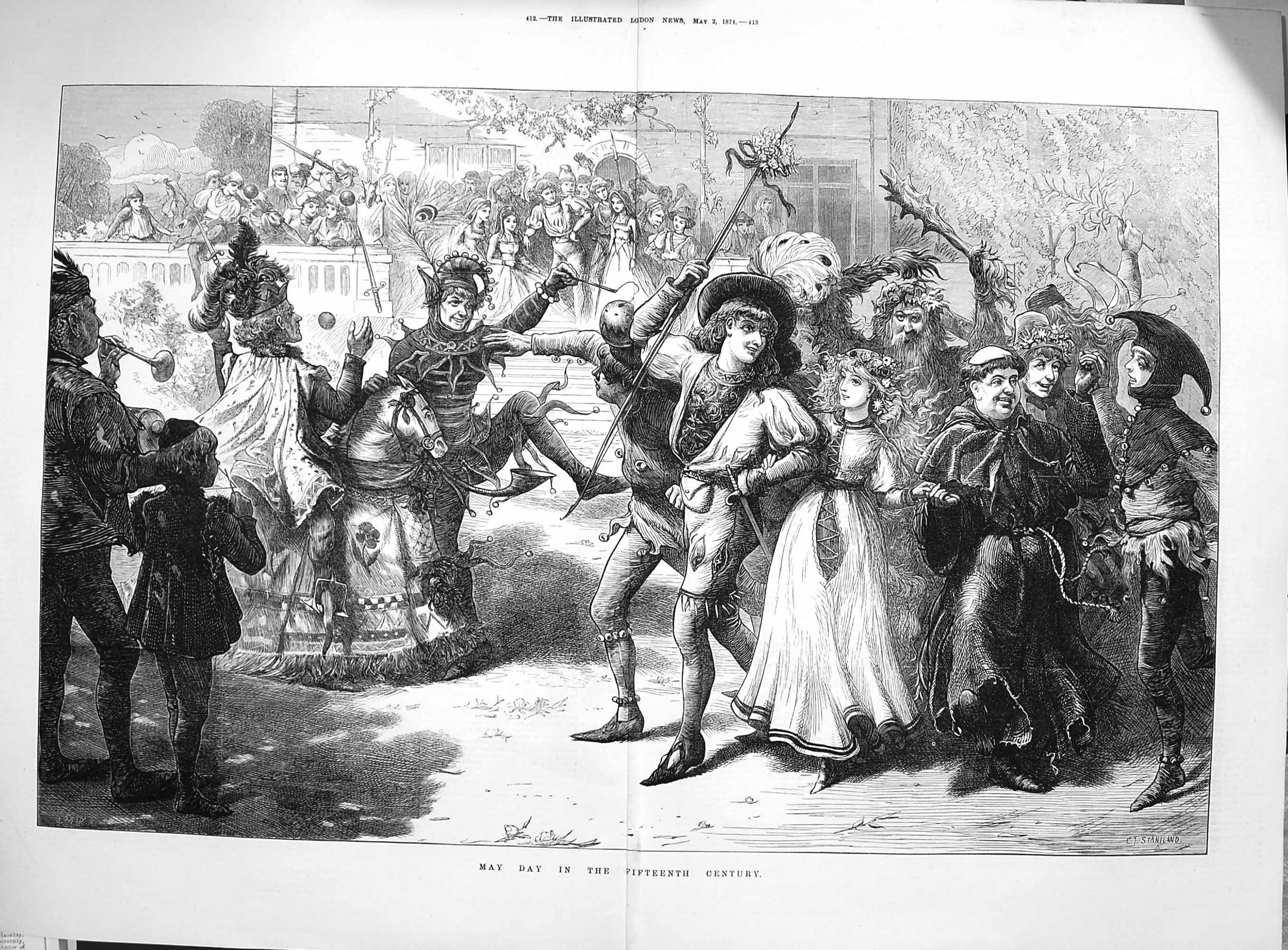 Original Old Antique Print 1874 May Day Fifteenth Century CostumesVictorian