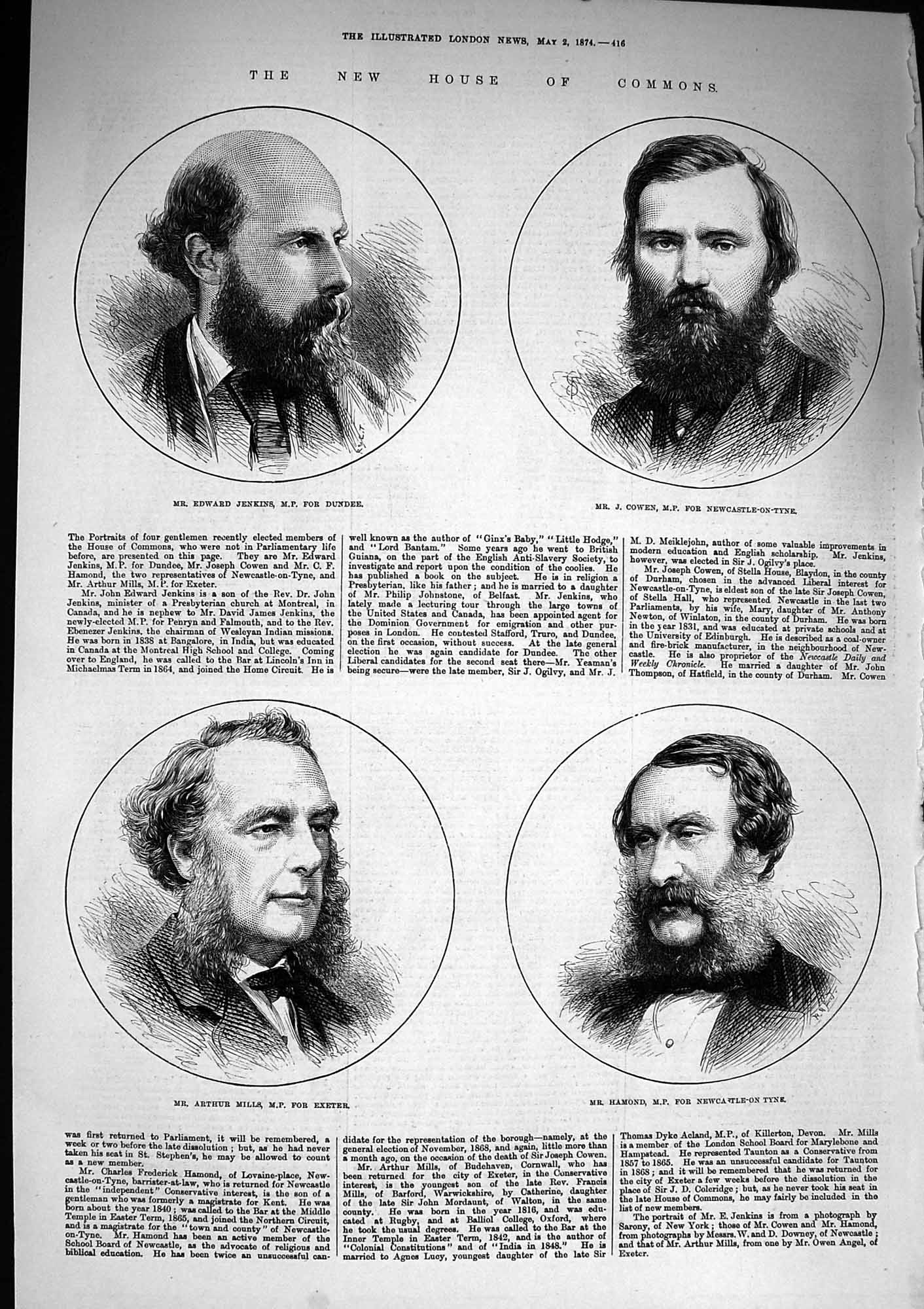 Original Old Antique Print 1874 Commons Jenkins Cowen Mills Hamond Parliament