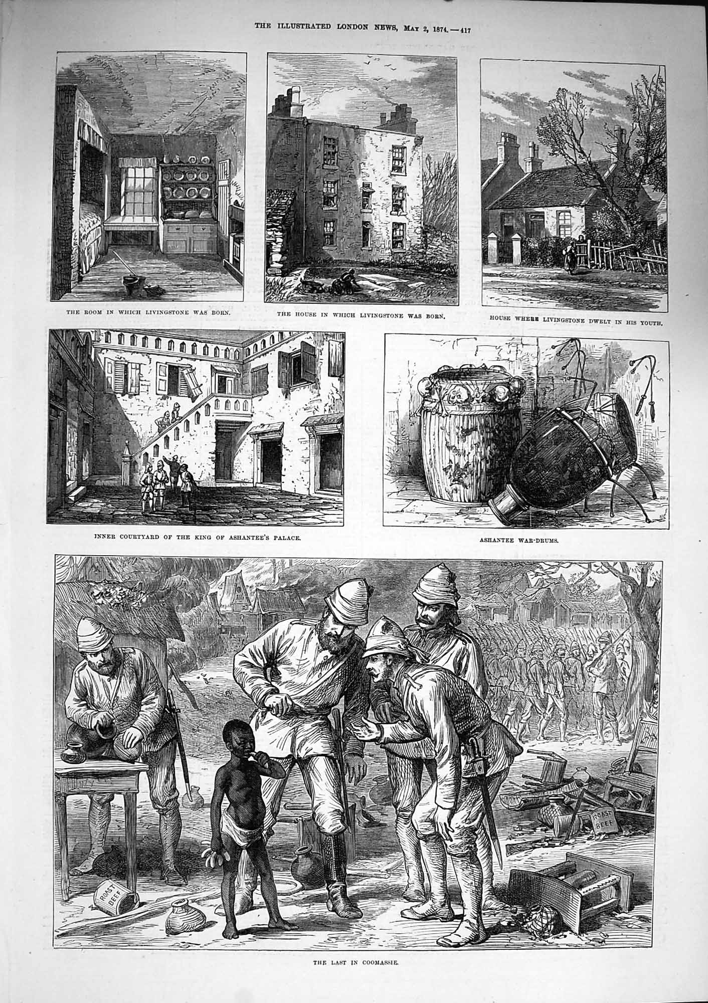Original Old Antique Print 1874 Coomassie Ashantee War Palace Livingston 19th