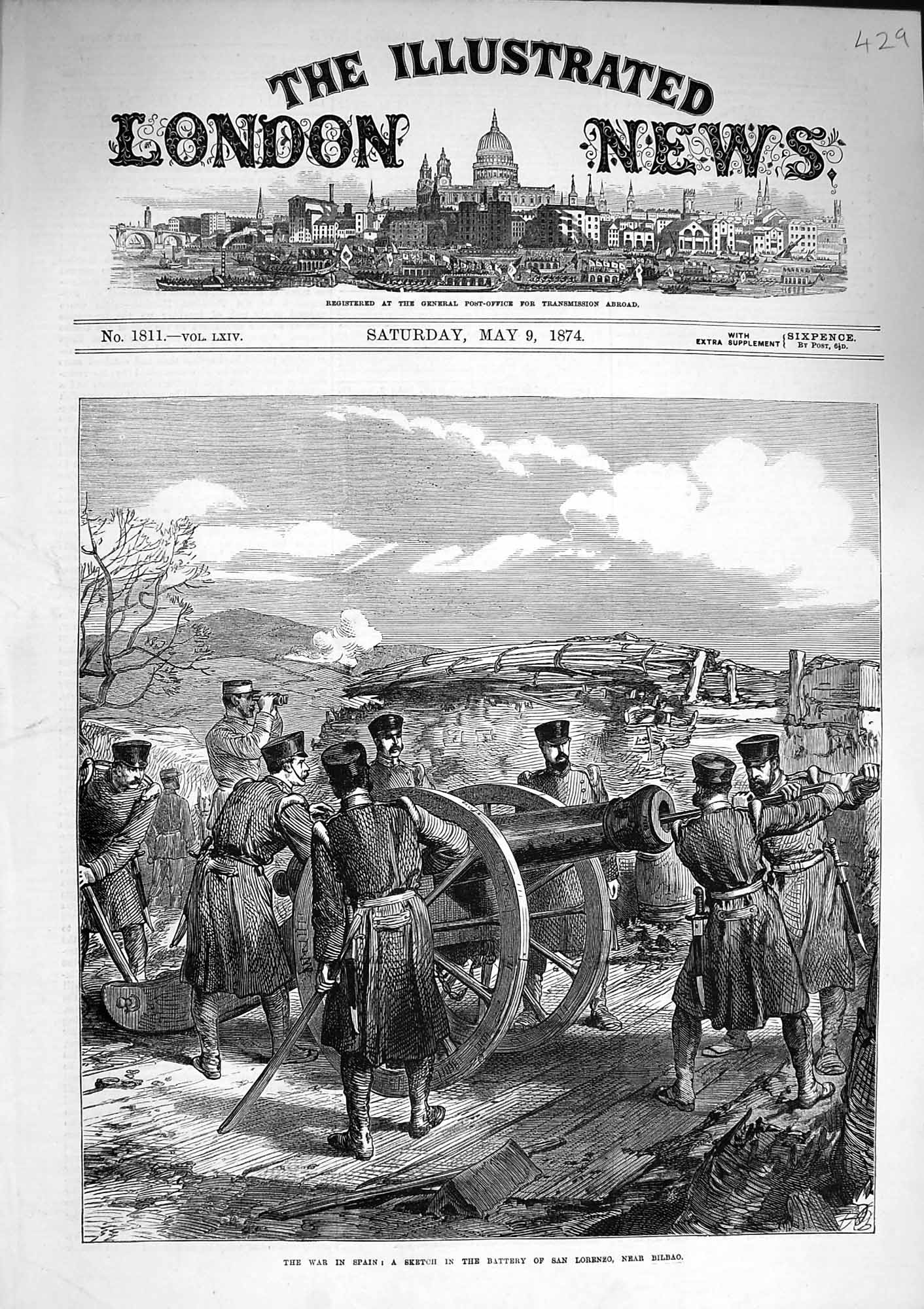 Original Old Antique Print 1874 War Spain Battery San Lorenzo Bilbao Si 19th