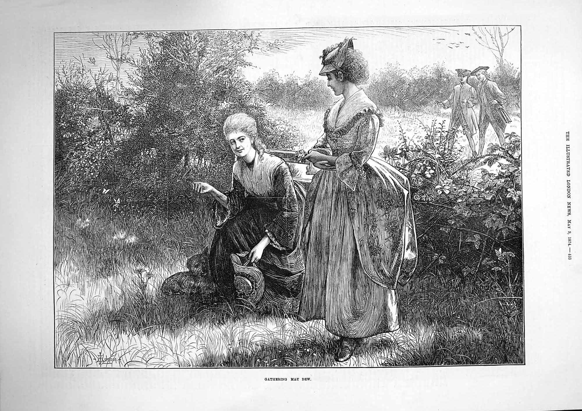 Original Old Antique Print 1874 Women Gathering May Dew Men Romance Countryside