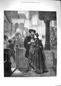 Original Old Antique Print 1874 Parting Lady Man Romance Knight Horse Fine Art