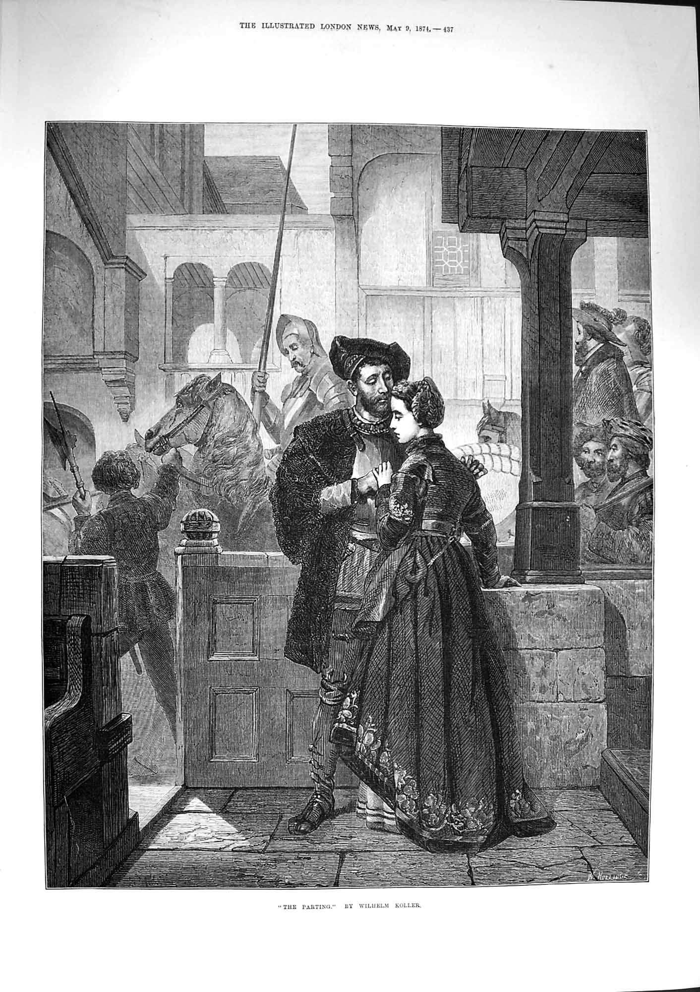 Original Old Antique Print 1874 Parting Lady Man Romance Knight Horse Fine Art