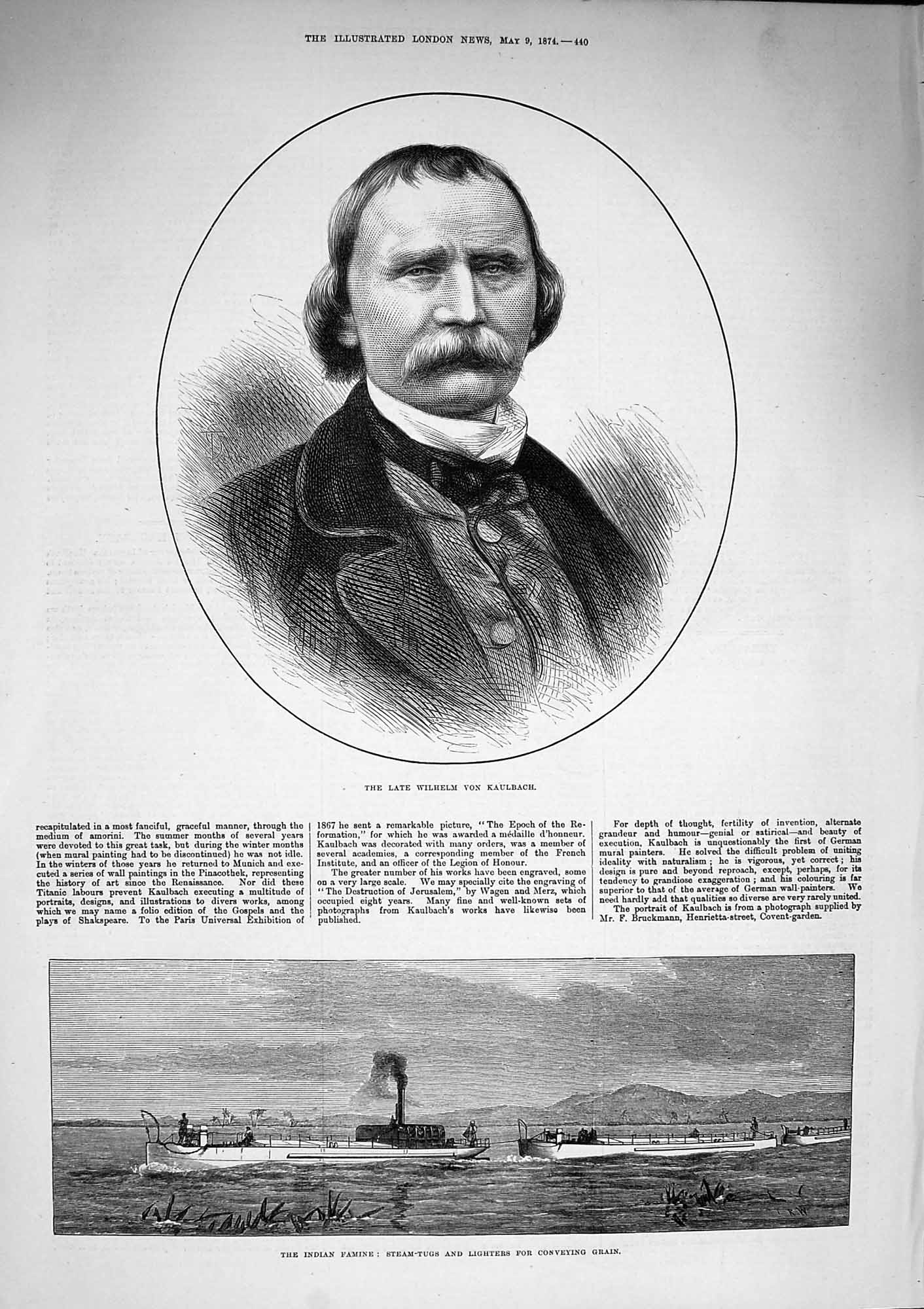 Original Old Antique Print 1874 Wilhelm Von Kaulbach Indian Famine Steam-Tugs