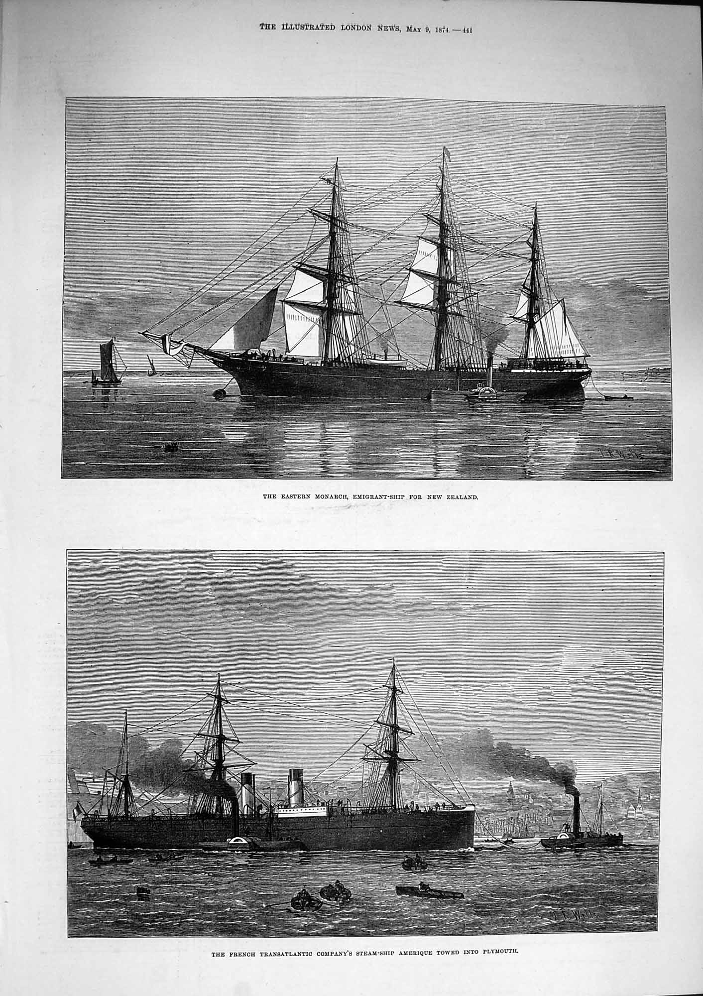 Original Old Antique Print 1874 Eastern Monarch Emigrant Ship Amerique Plymouth