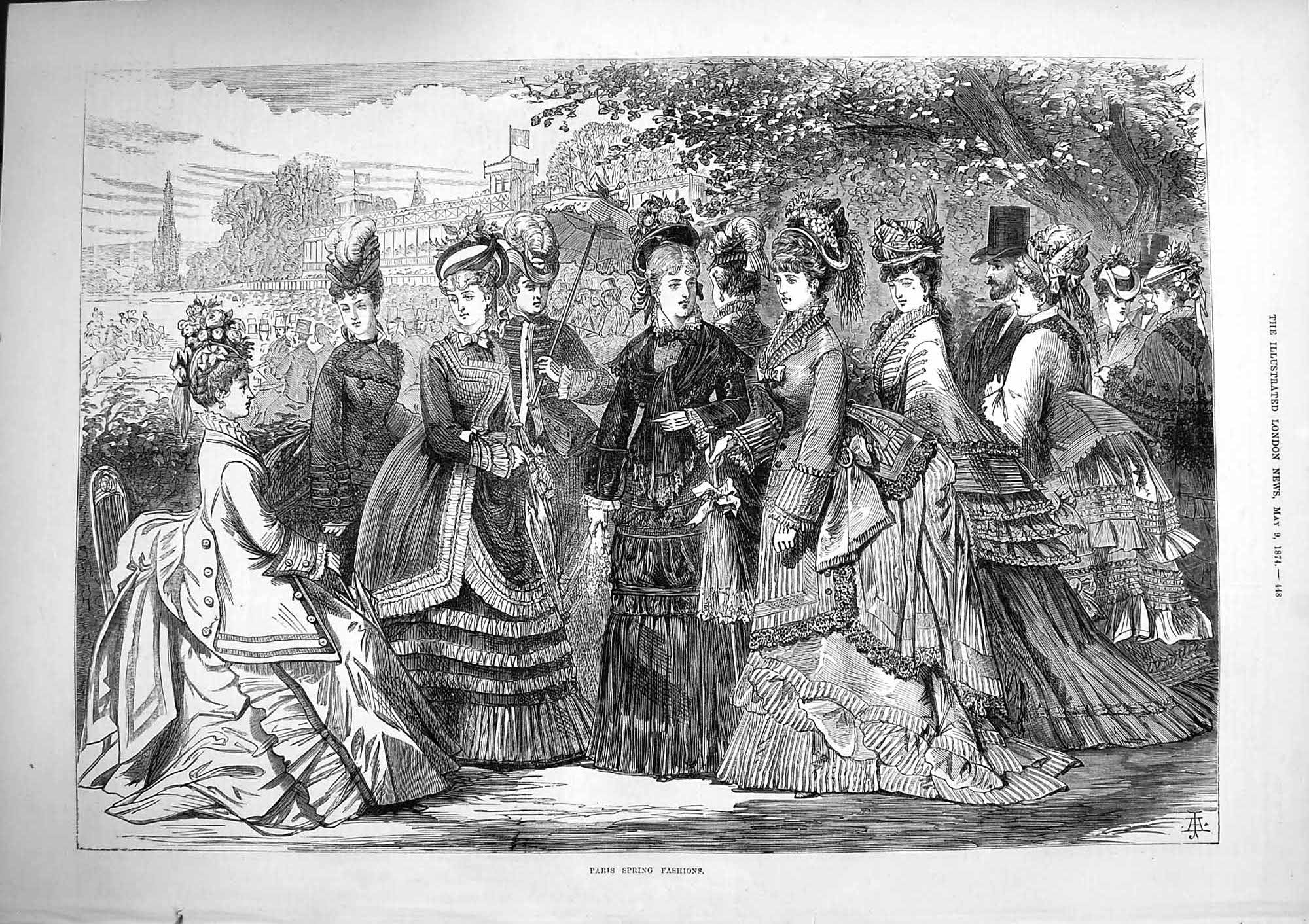 Original Old Antique Print 1874 Paris Spring Fashion Ladies Dresses Coats Hats