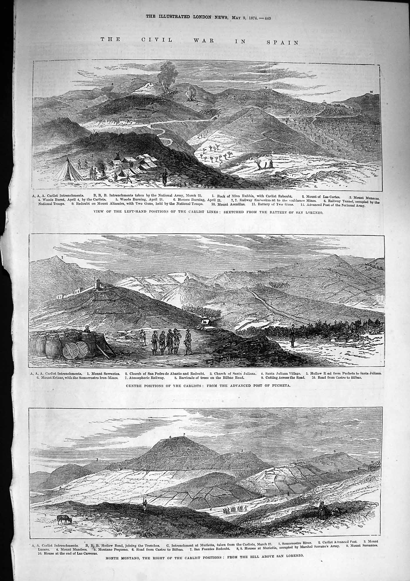 Original Old Antique Print 1874 War Spain Carlist Lorenzo Pucheta Monte Montano