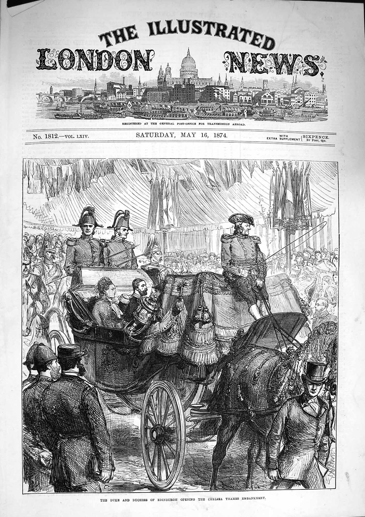 Antique Old Print *3249 1874 Duke Duchess Edinburgh Chelsea Thames Embankment