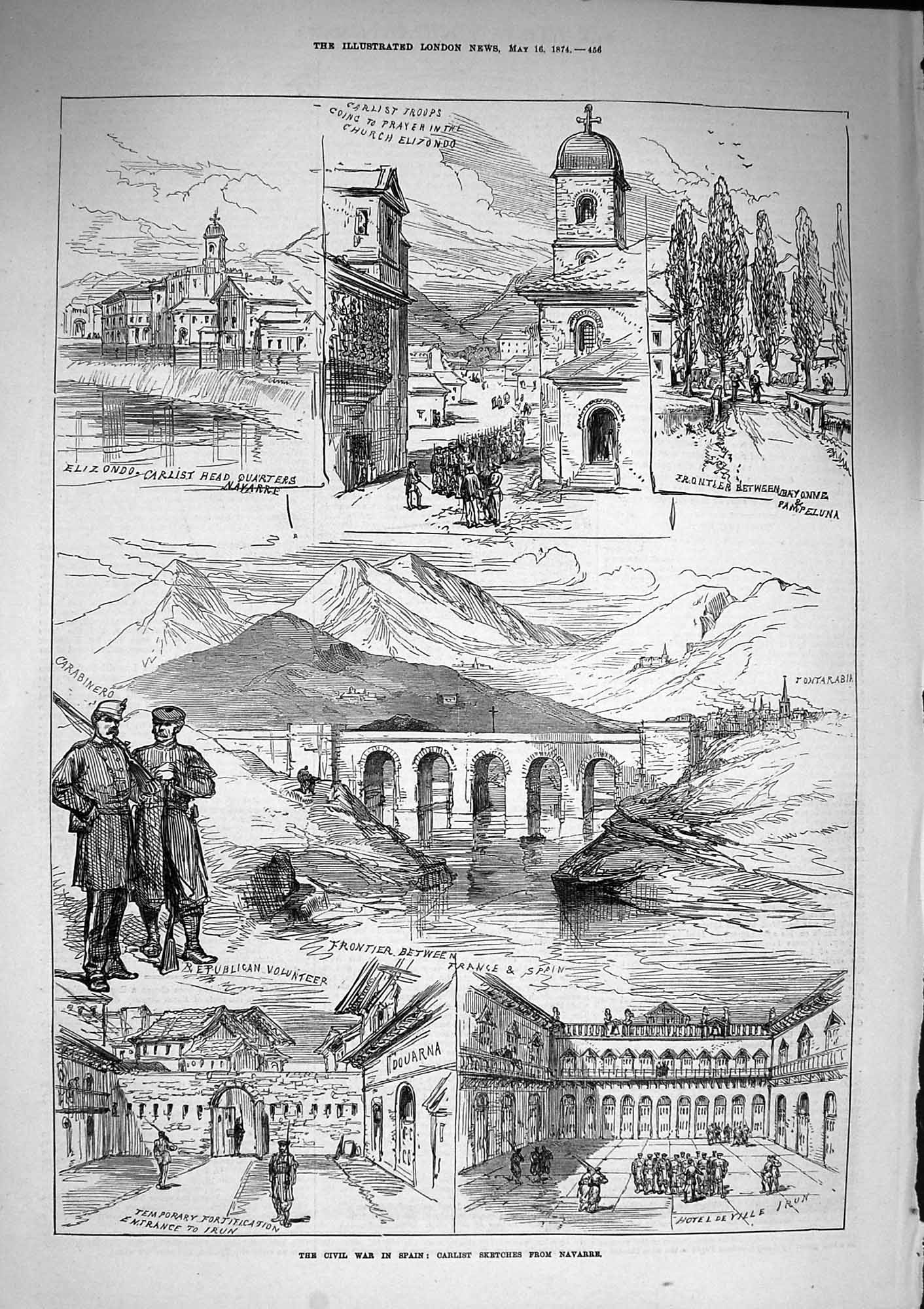 Original Old Antique Print 1874 Civil War Spain Carlist Hotel Ville Fontarabia