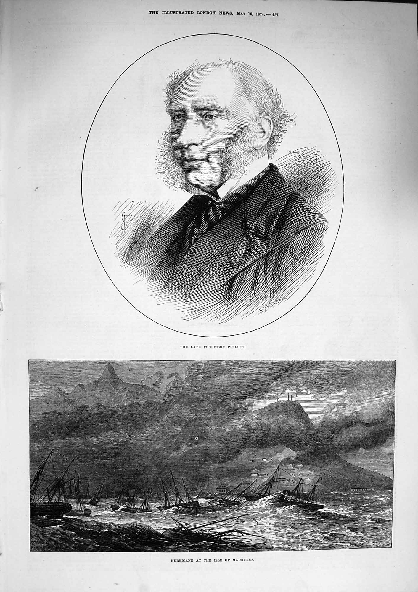Original Old Antique Print 1874 Professor Phillips Hurricane Isle Mauritiu 19th