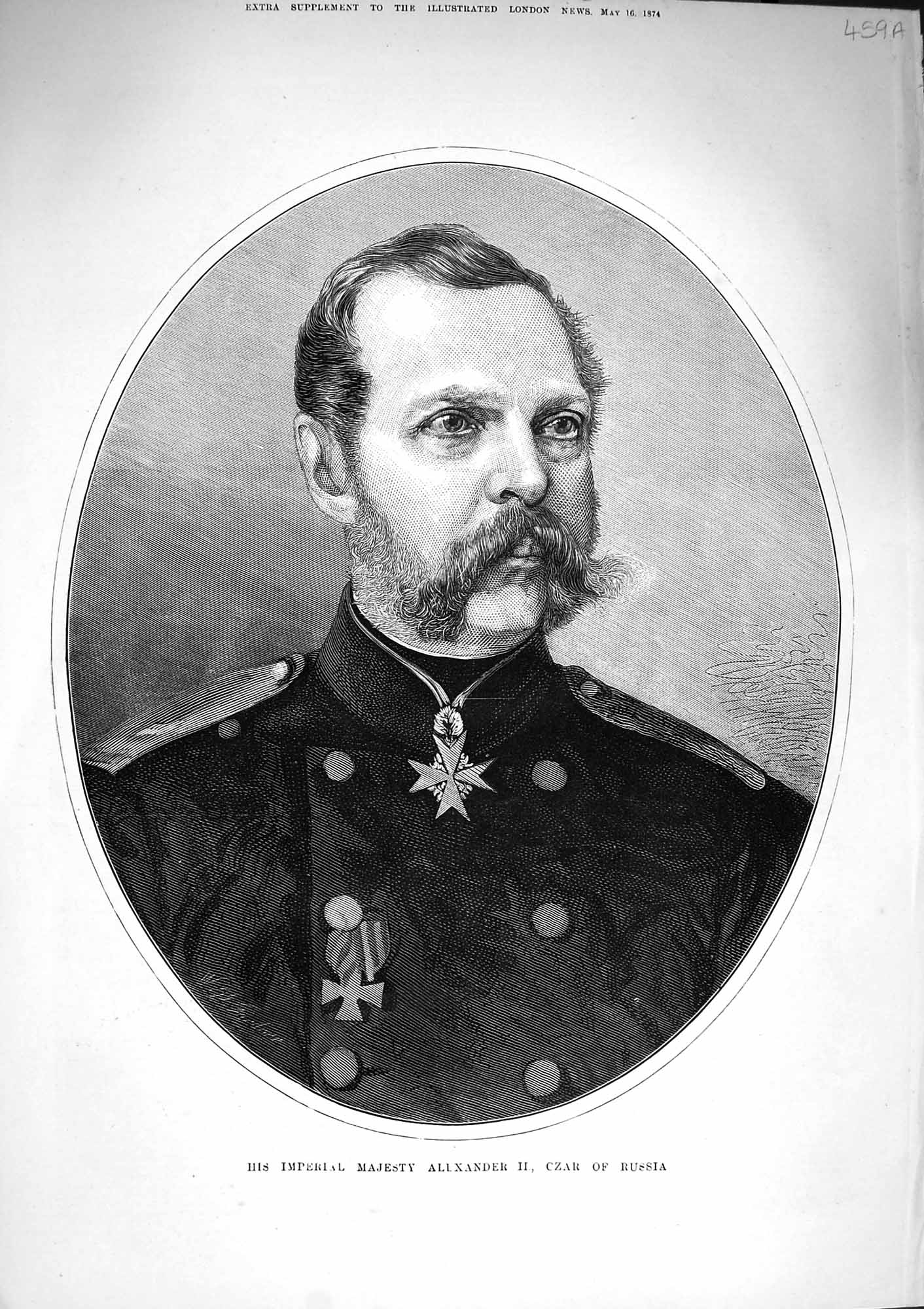 Old Antique Print 1874 Portrait Imperial Majesty Alexander Czar Russia 19th