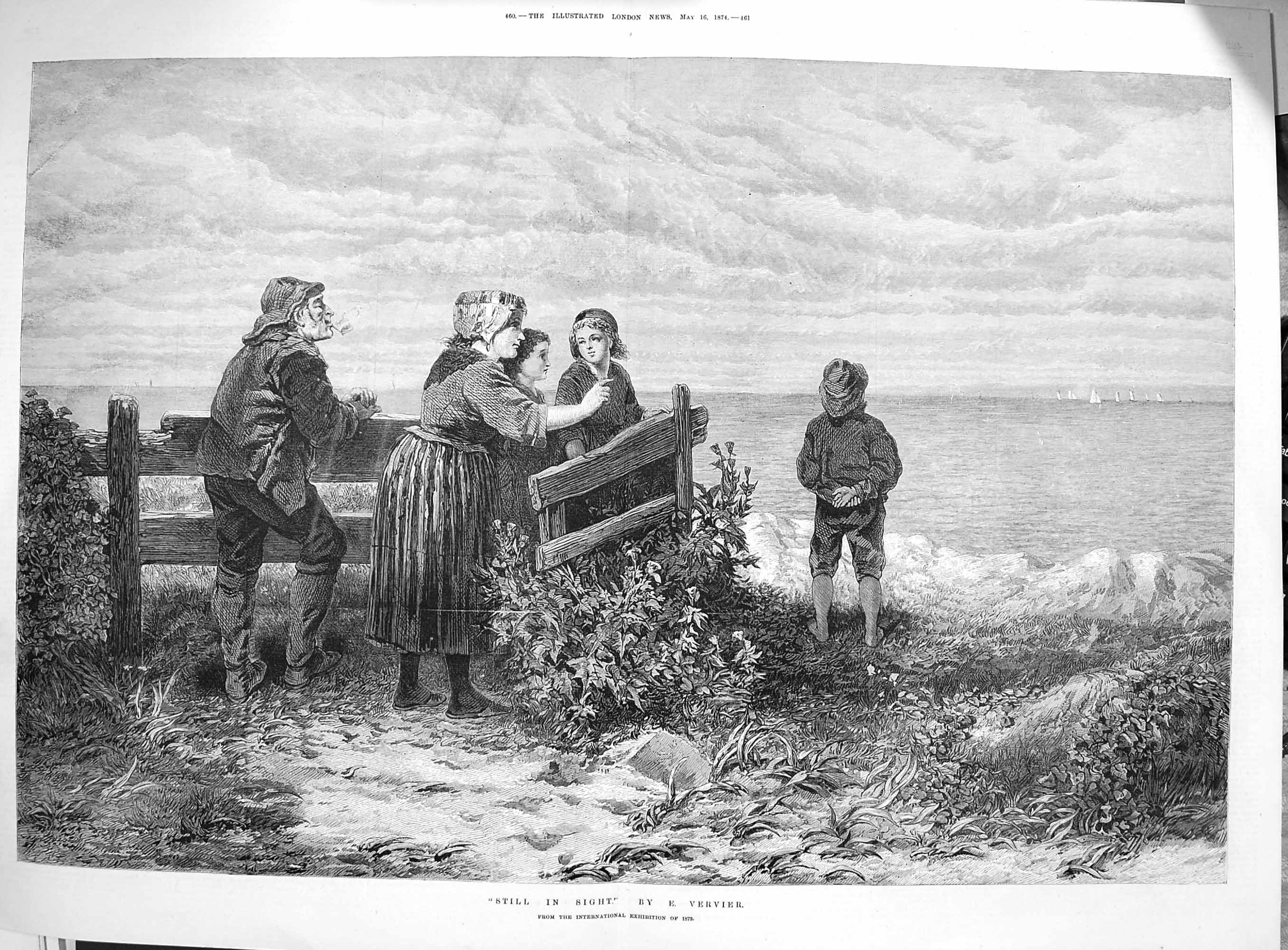 Original Old Antique Print 1874 Family Sailing Yachts Seaside Beach Vervier