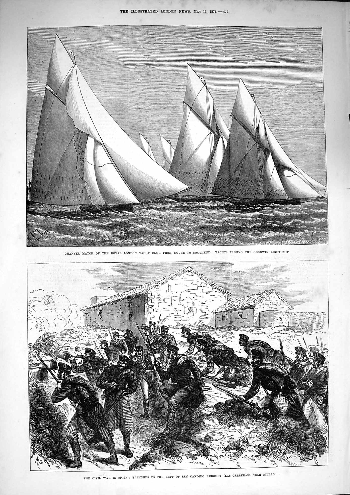 Original Old Antique Print 1874 Yachts Goodwin Light-Ship War Spain Candido 19th