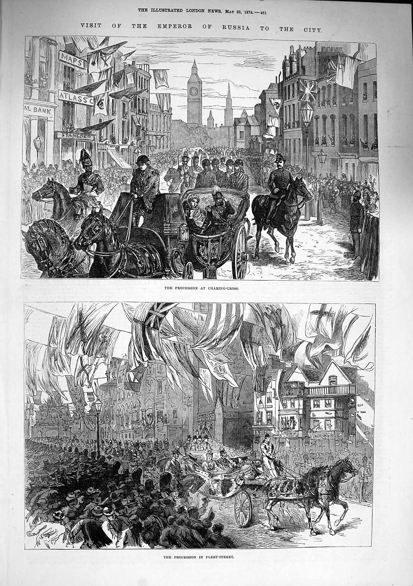 Old Antique Print 1874 Emperor Russia Charing Cross Fleet Street London 19th